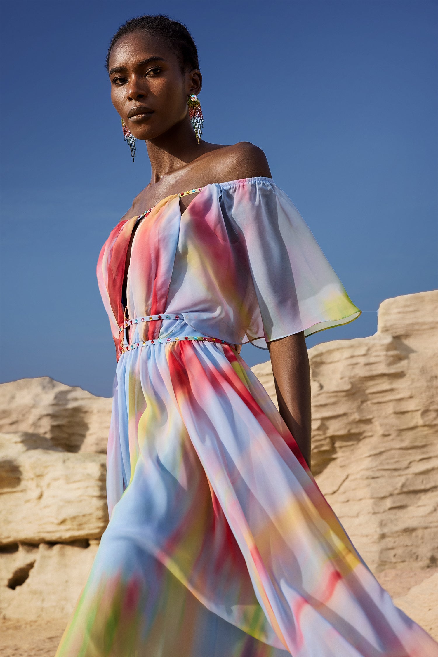 Zaysha Off-The-Shoulder Hollow Out Printing Midi Dress D250303601