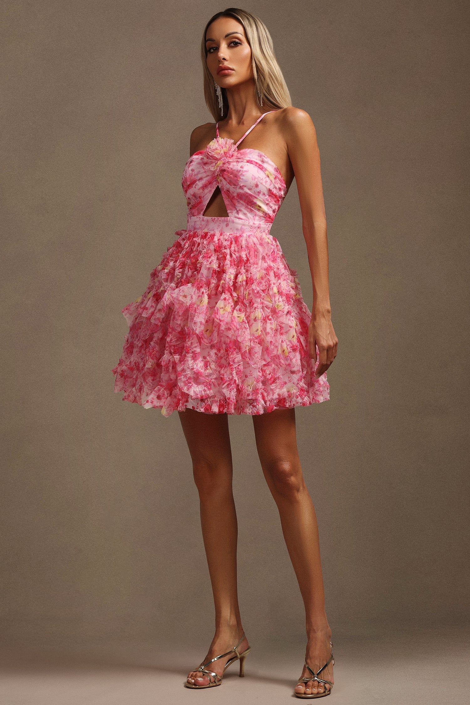 Daware Sleeveless Flower Printed Hollow Out Folds Mini Dress C250300261