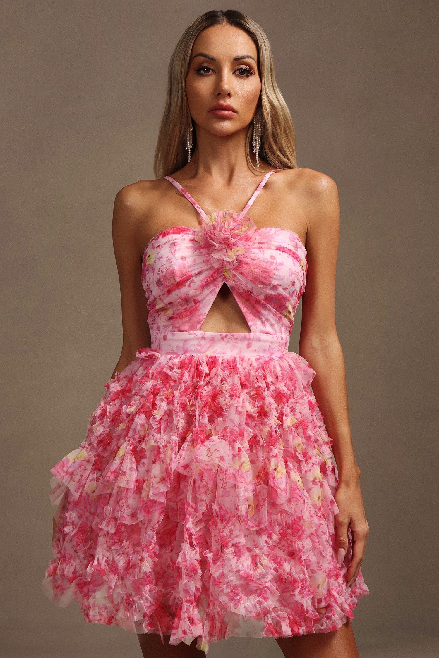 Daware Sleeveless Flower Printed Hollow Out Folds Mini Dress C250300261