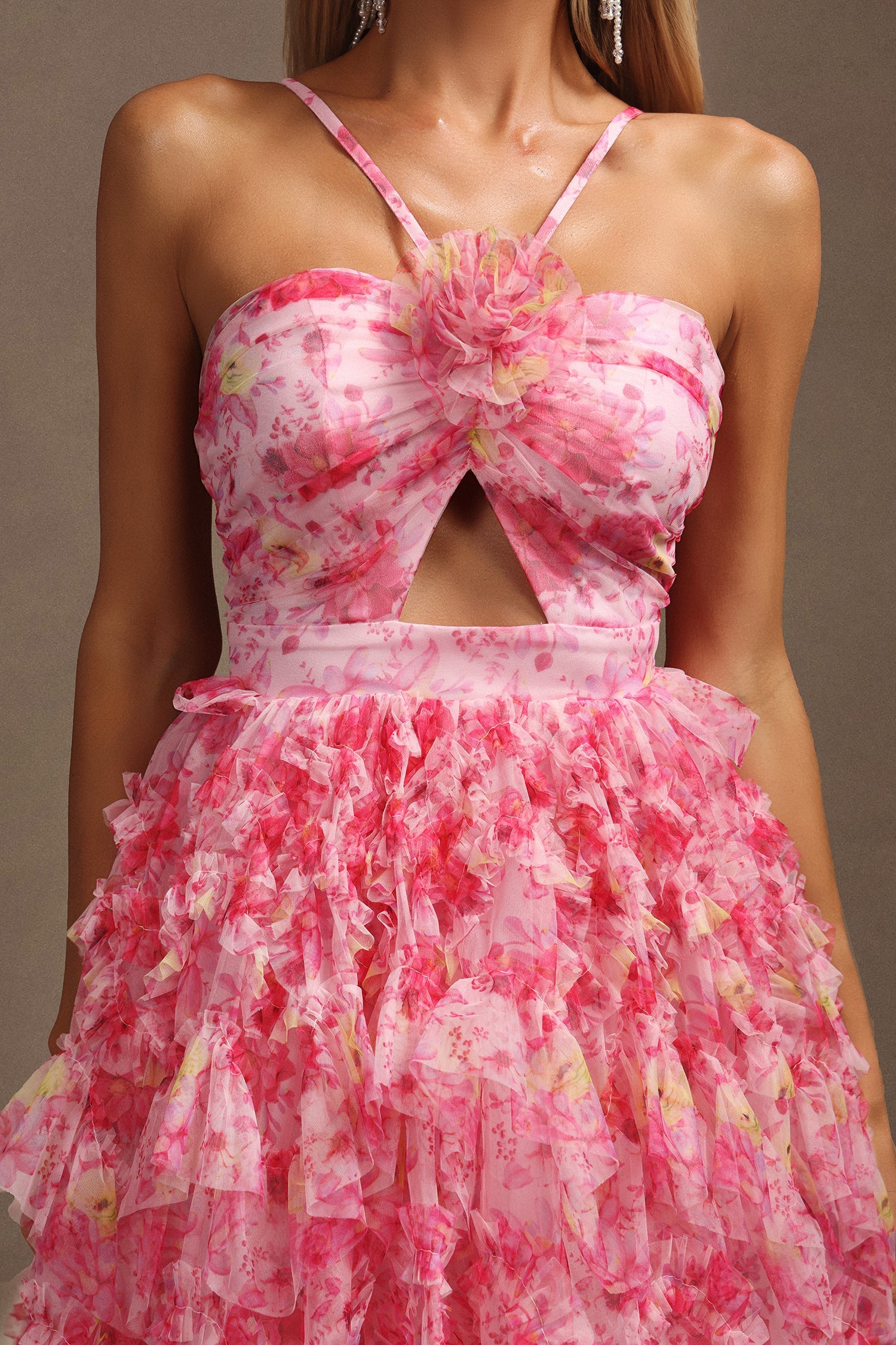 Daware Sleeveless Flower Printed Hollow Out Folds Mini Dress C250300261