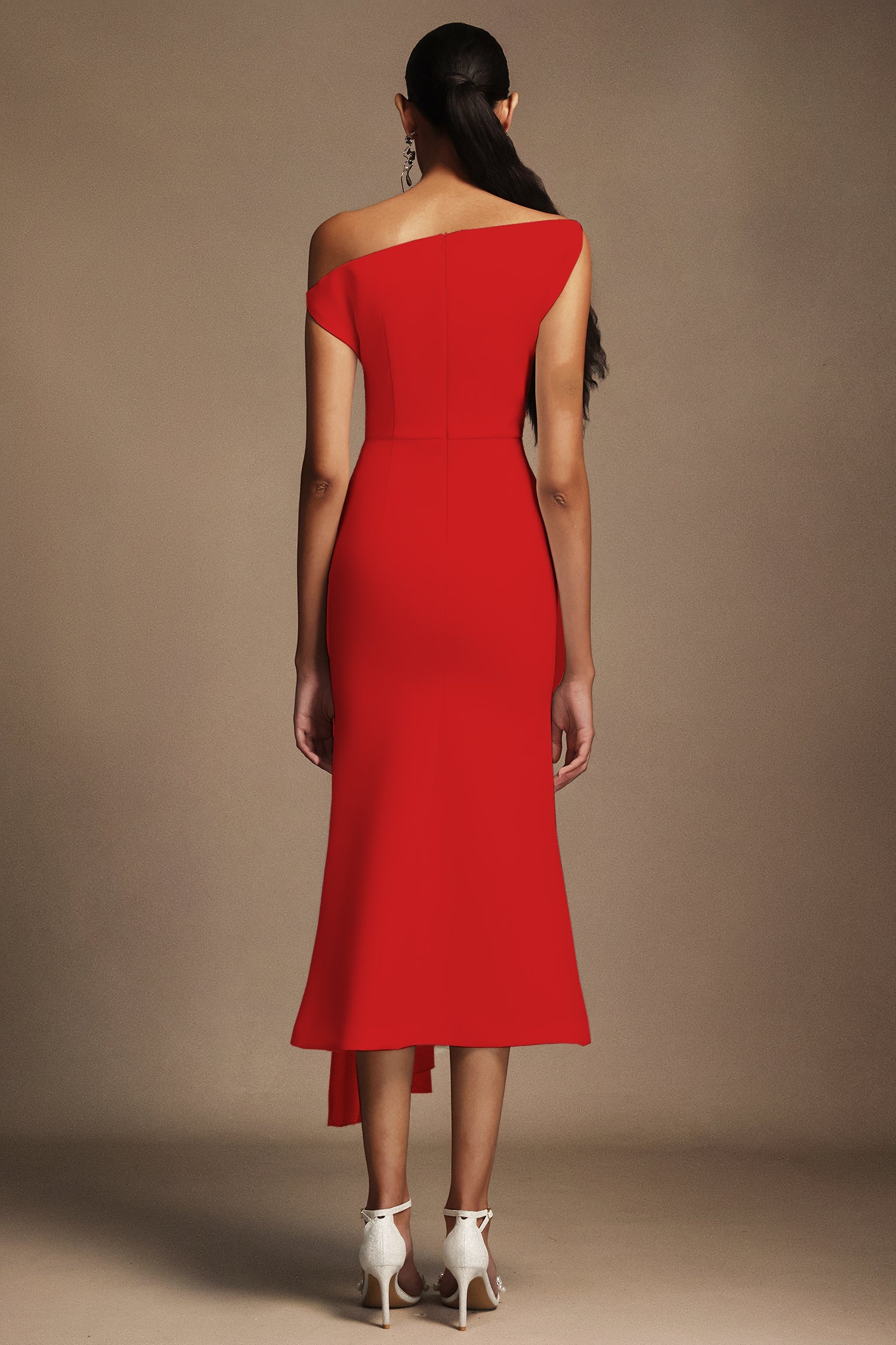 Paulina Oblique Shoulder Sleeveless Folds Midi Dress C250300341