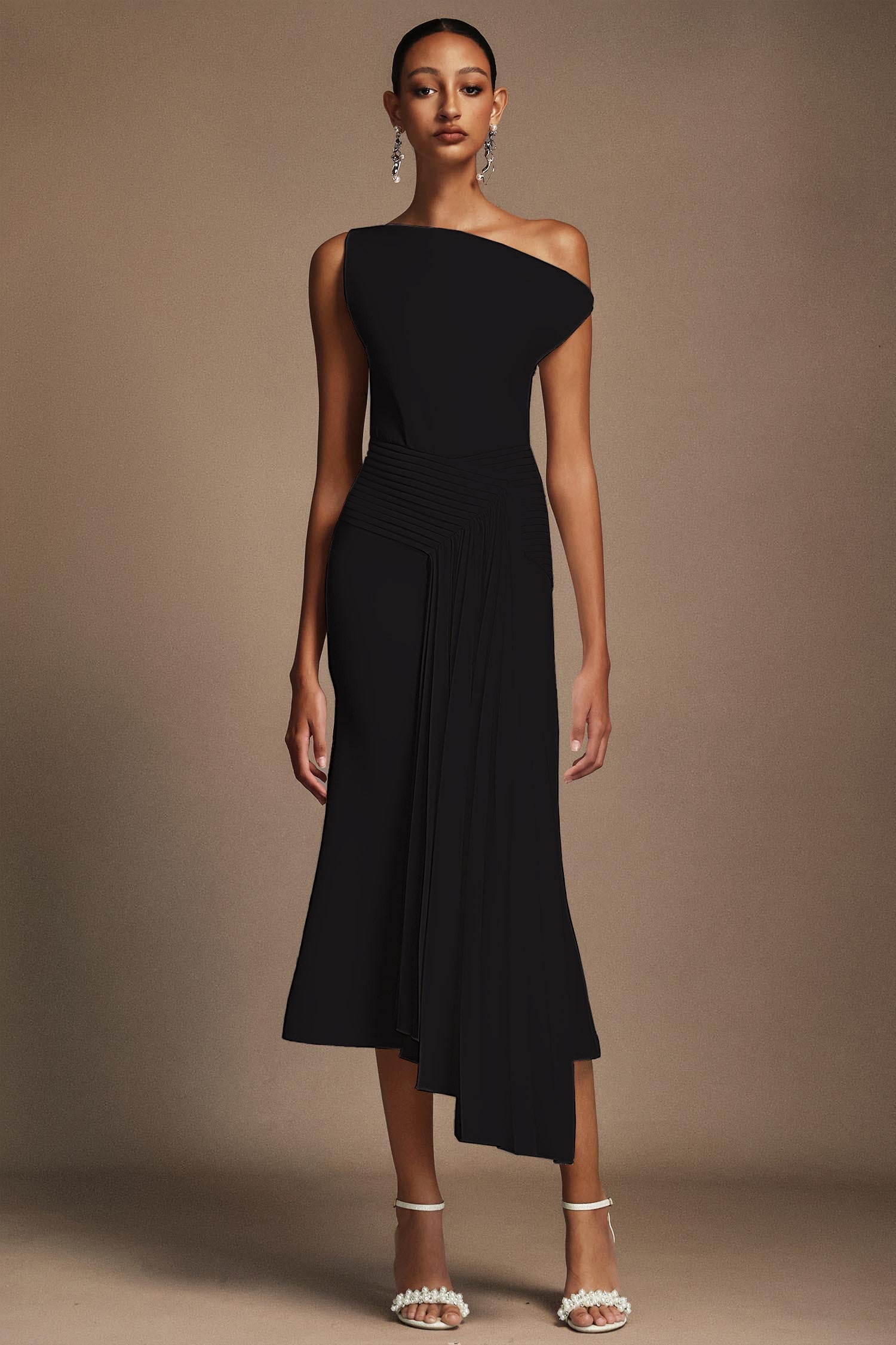 Juny Oblique Shoulder Sleeveless Folds Midi Dress C250300341