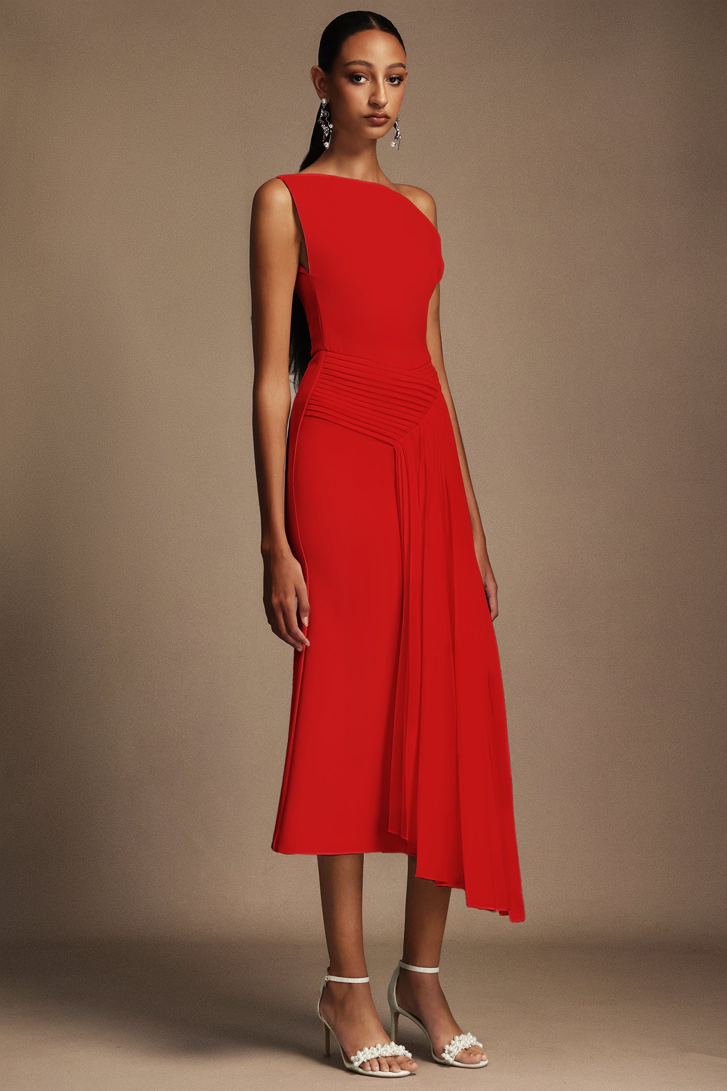 Paulina Oblique Shoulder Sleeveless Folds Midi Dress C250300341