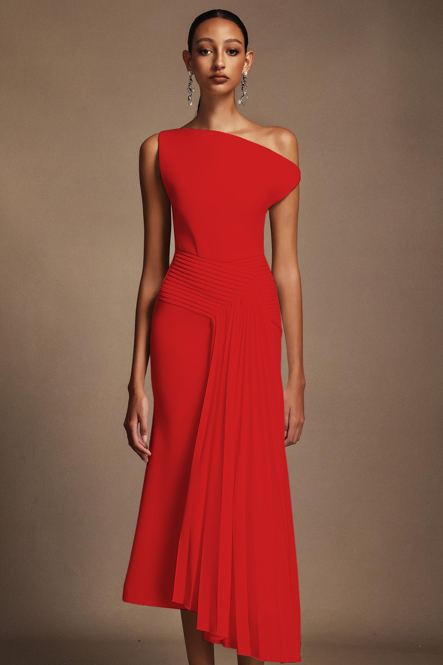 Paulina Oblique Shoulder Sleeveless Folds Midi Dress C250300341