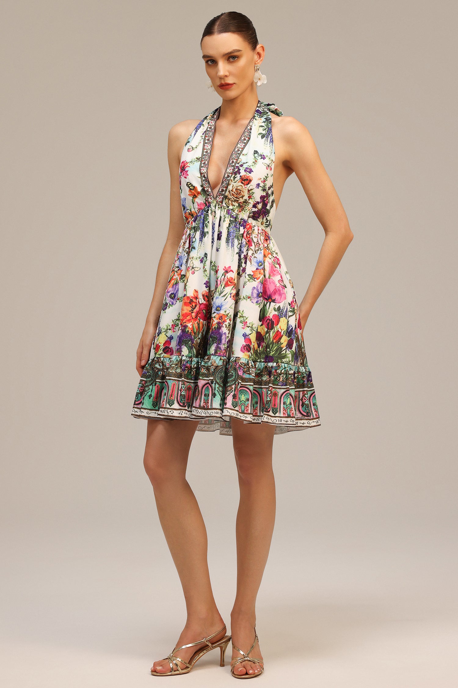 Emier V-neck Floral Printed Mini Dress C250300199-Floral