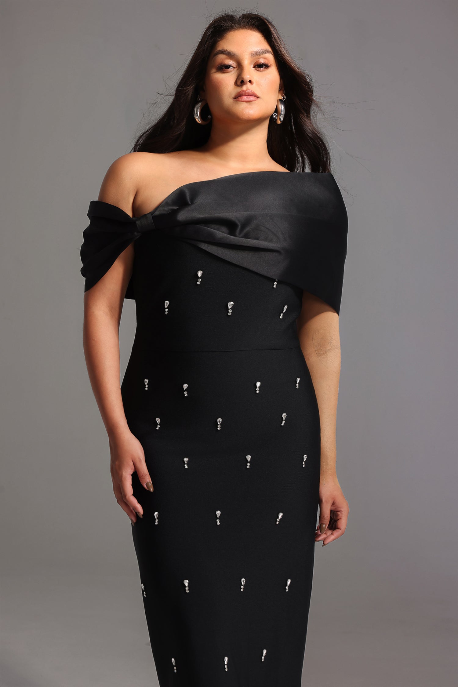 Palez Sleeveless One Shoulder Diamond Bow Bandage Maxi Dress D250101317