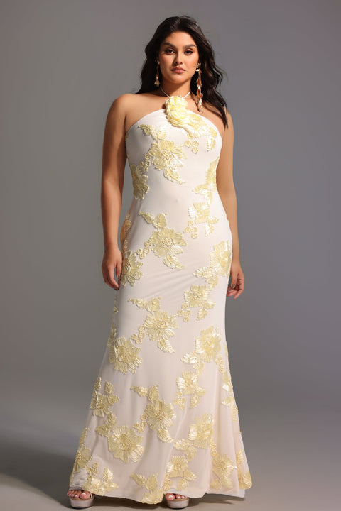 Griselda Flower Halter Embroidery Maxi Dress - White by Bella Barnett