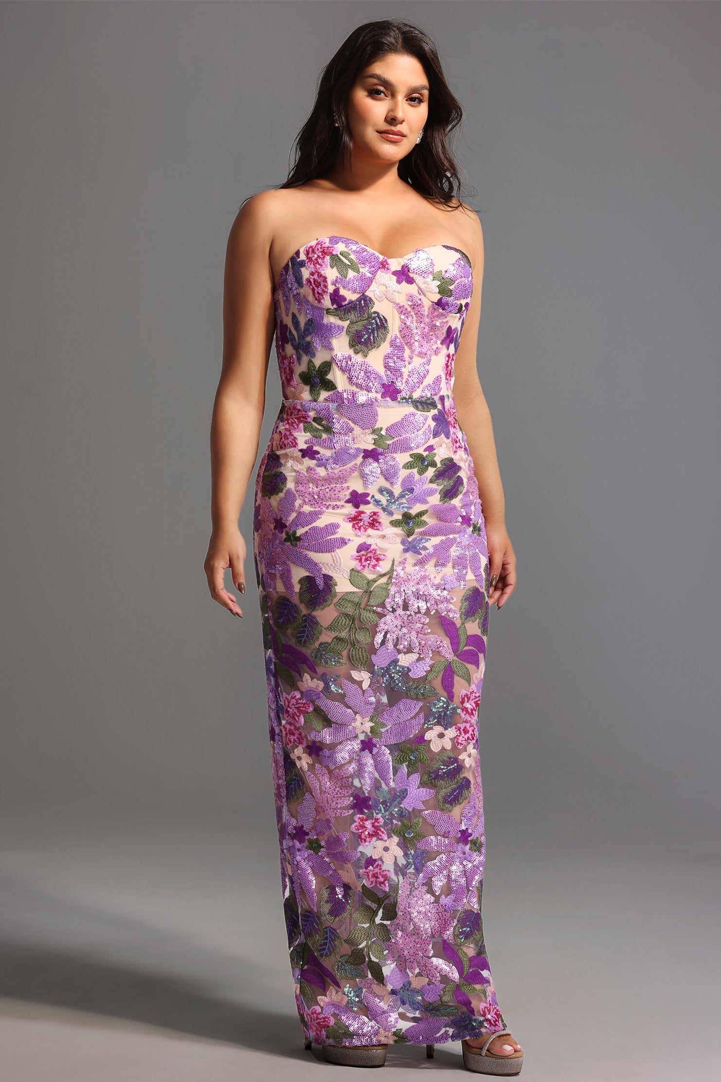 Eugenia Flower Sequins Strapless Mesh Dress - Purple D240701211