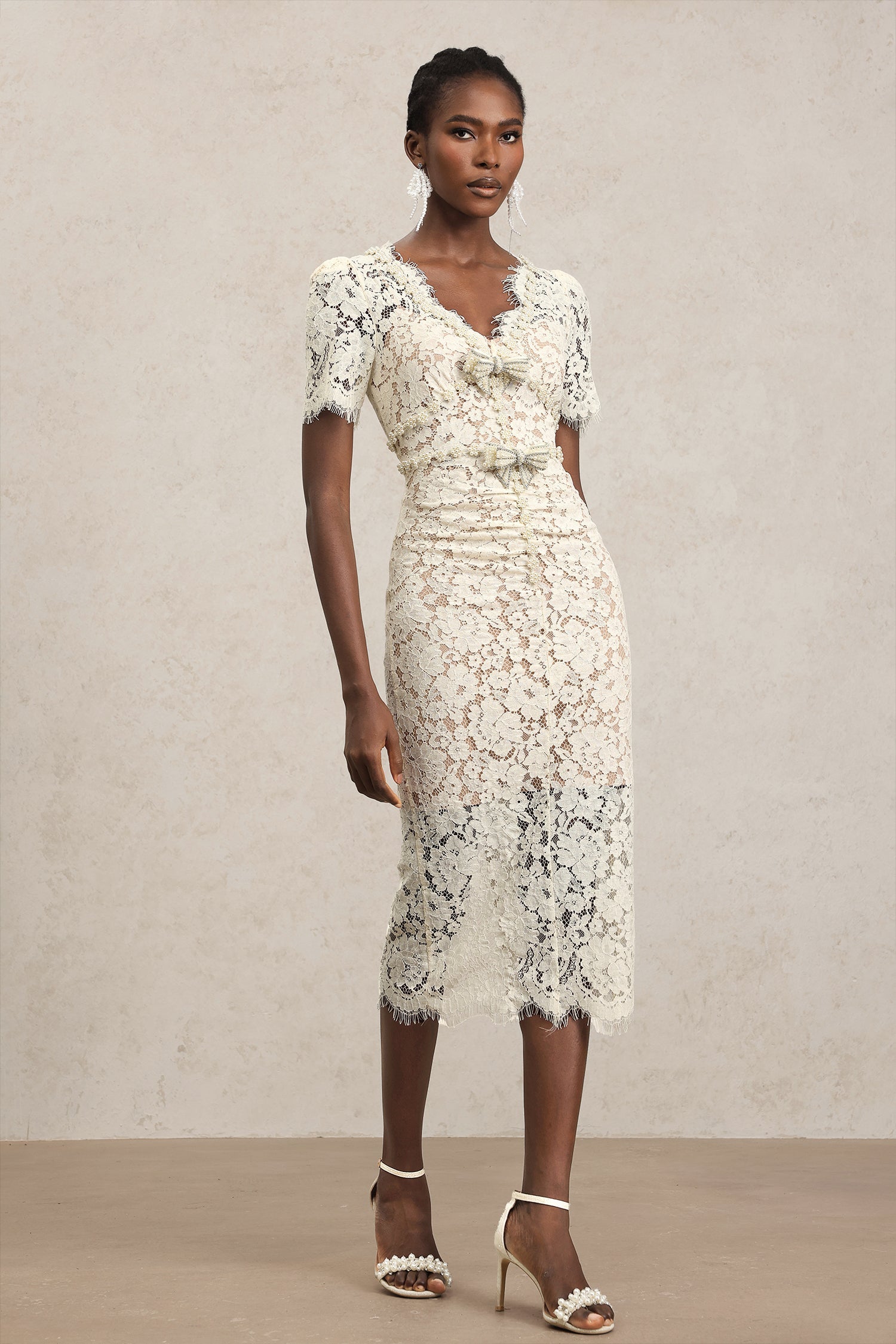 Maisie V-Neck Short Sleeves Bowknot Lace Midi Dress C250400277