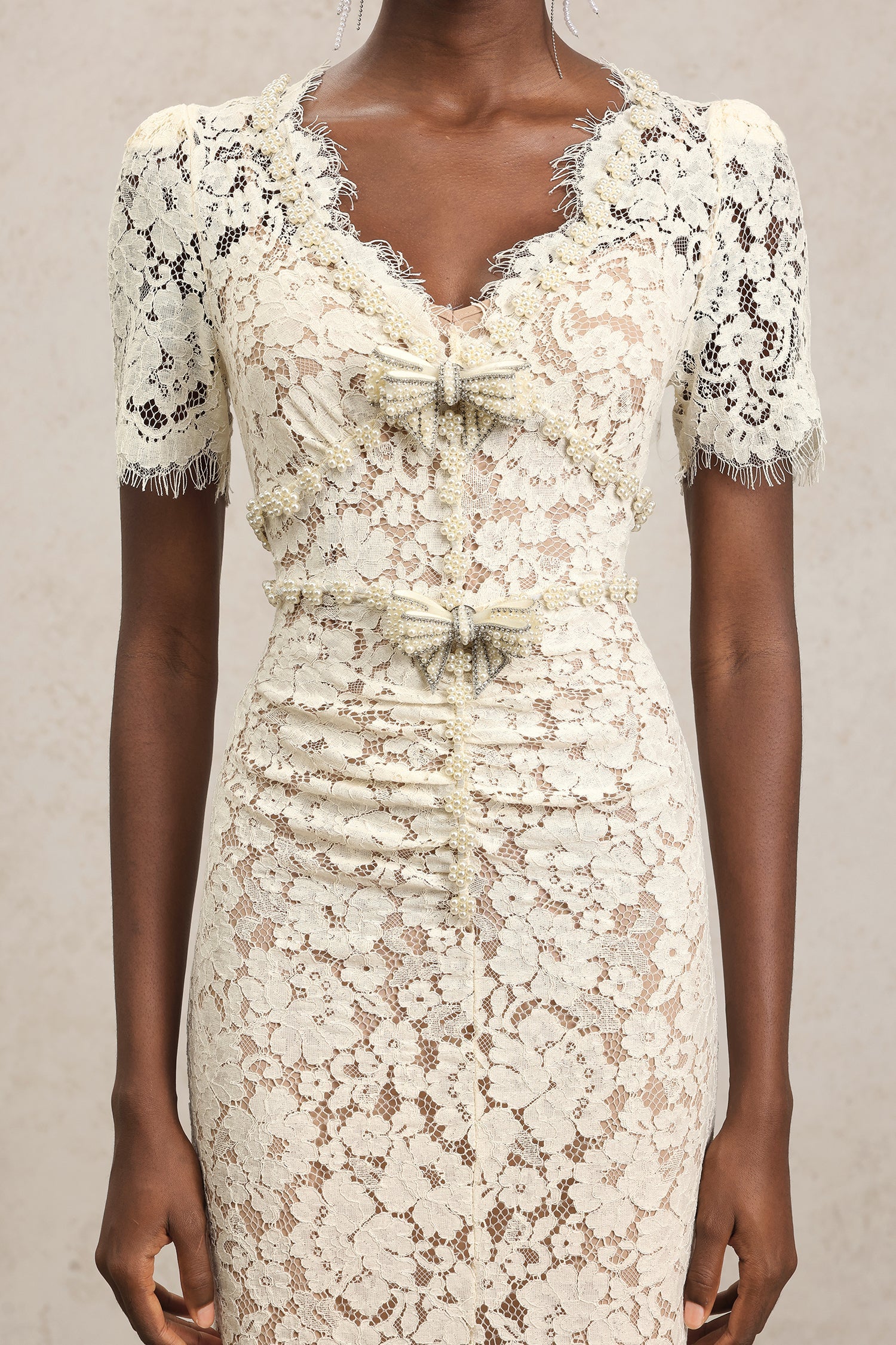 Maisie V-Neck Short Sleeves Bowknot Lace Midi Dress C250400277