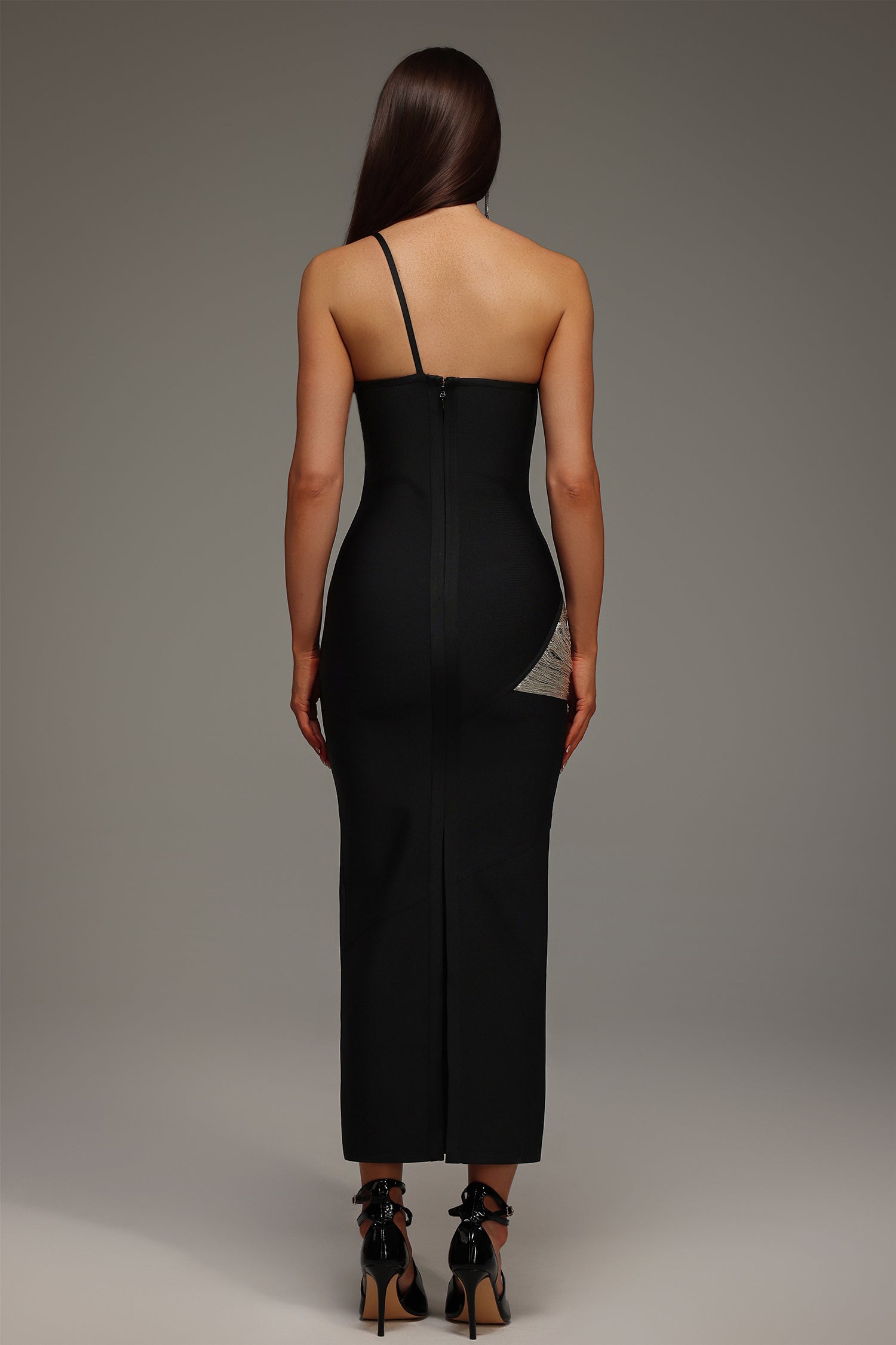 Roanna One Shoulder Sleeveless Tassels Bandage Maxi Dress D250701239-BLACK