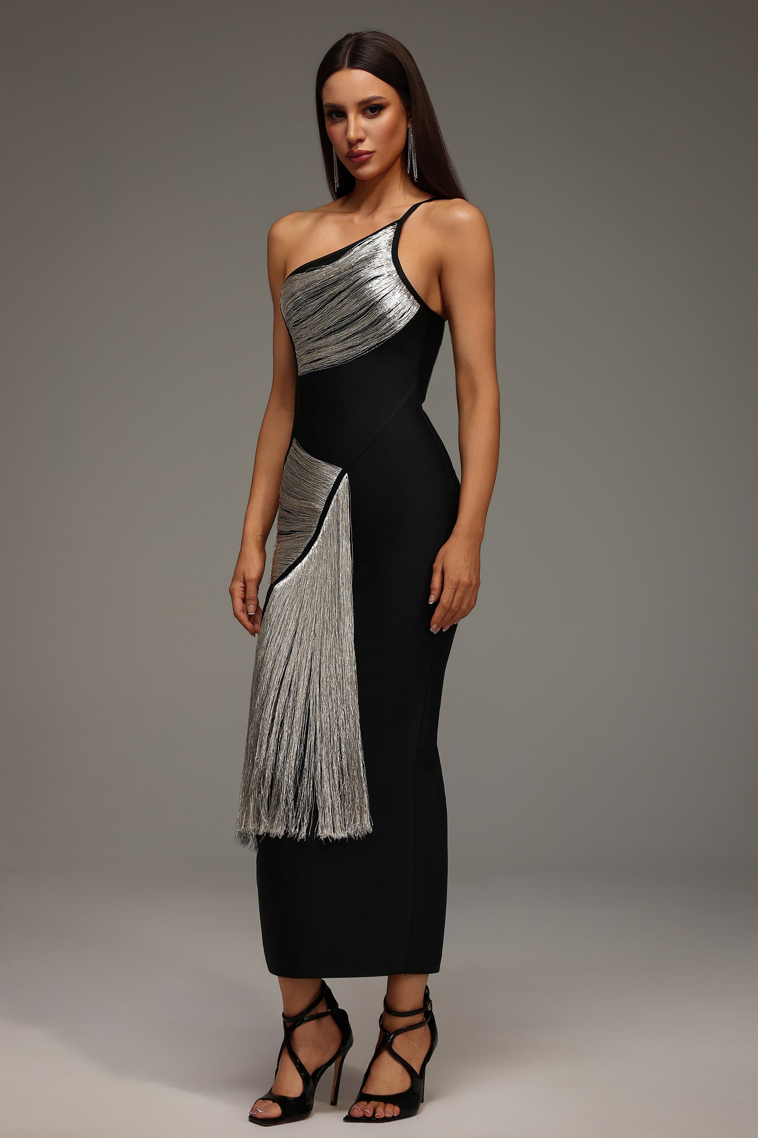 Roanna One Shoulder Sleeveless Tassels Bandage Maxi Dress D250701239-BLACK