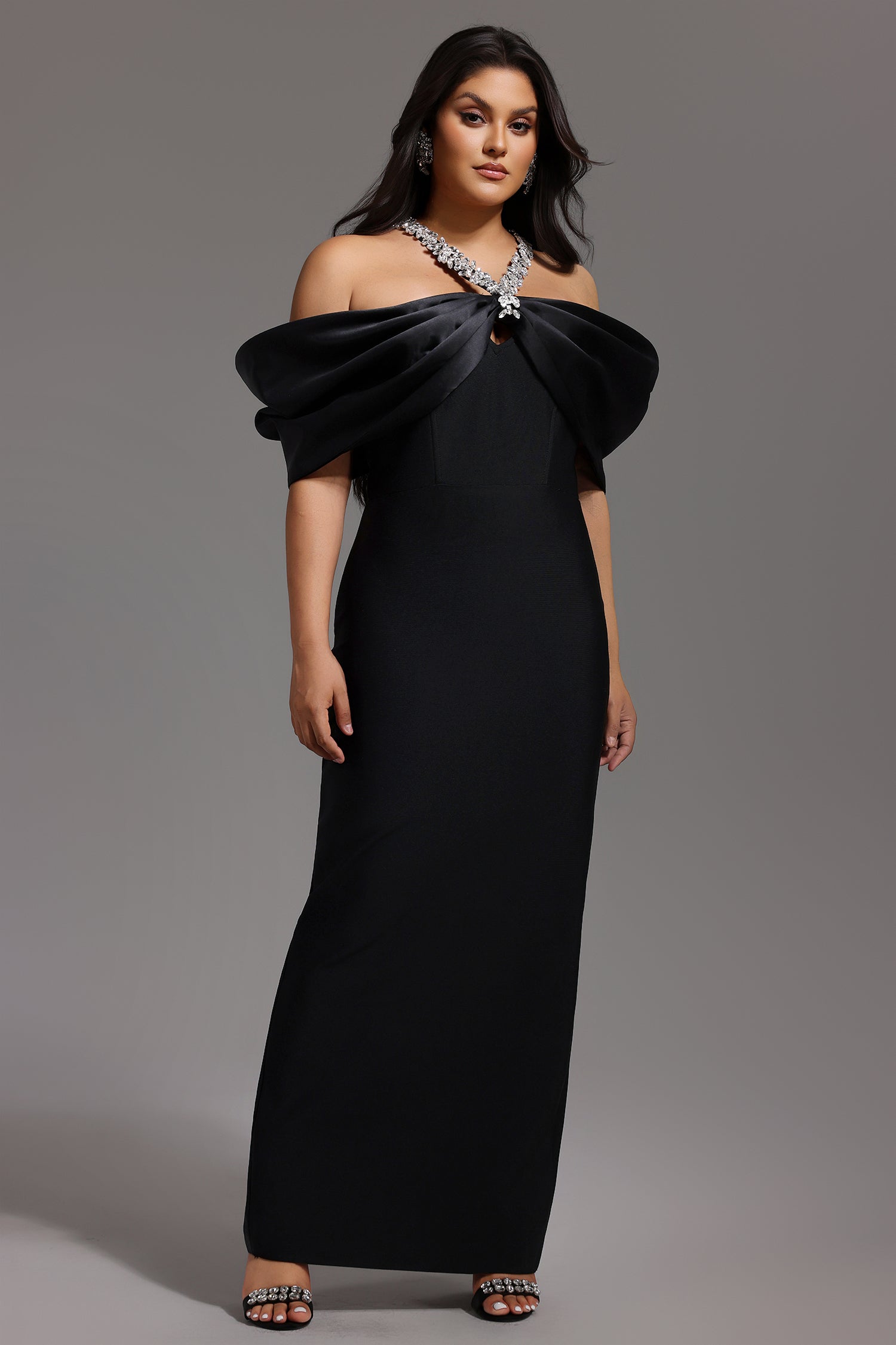 Sloan Halter Diamond Off-The-Shoulder Bandage Maxi Dress D250301626