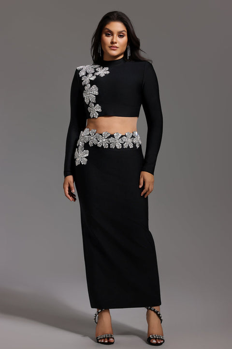 Ulama Choker Long Sleeve Diamond Flowers Bandage Maxi Two-Piece Set by Bella Barnett