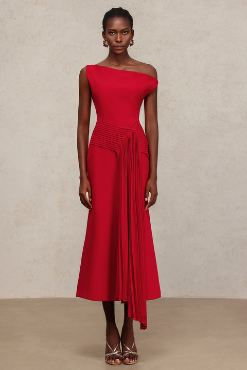 Paulina Oblique Shoulder Sleeveless Folds Midi Dress by Bella Barnett