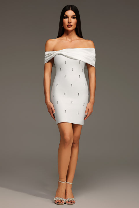 Verney Off The Shoulder Bow Diamond Bandage Mini Dress by Bella Barnett