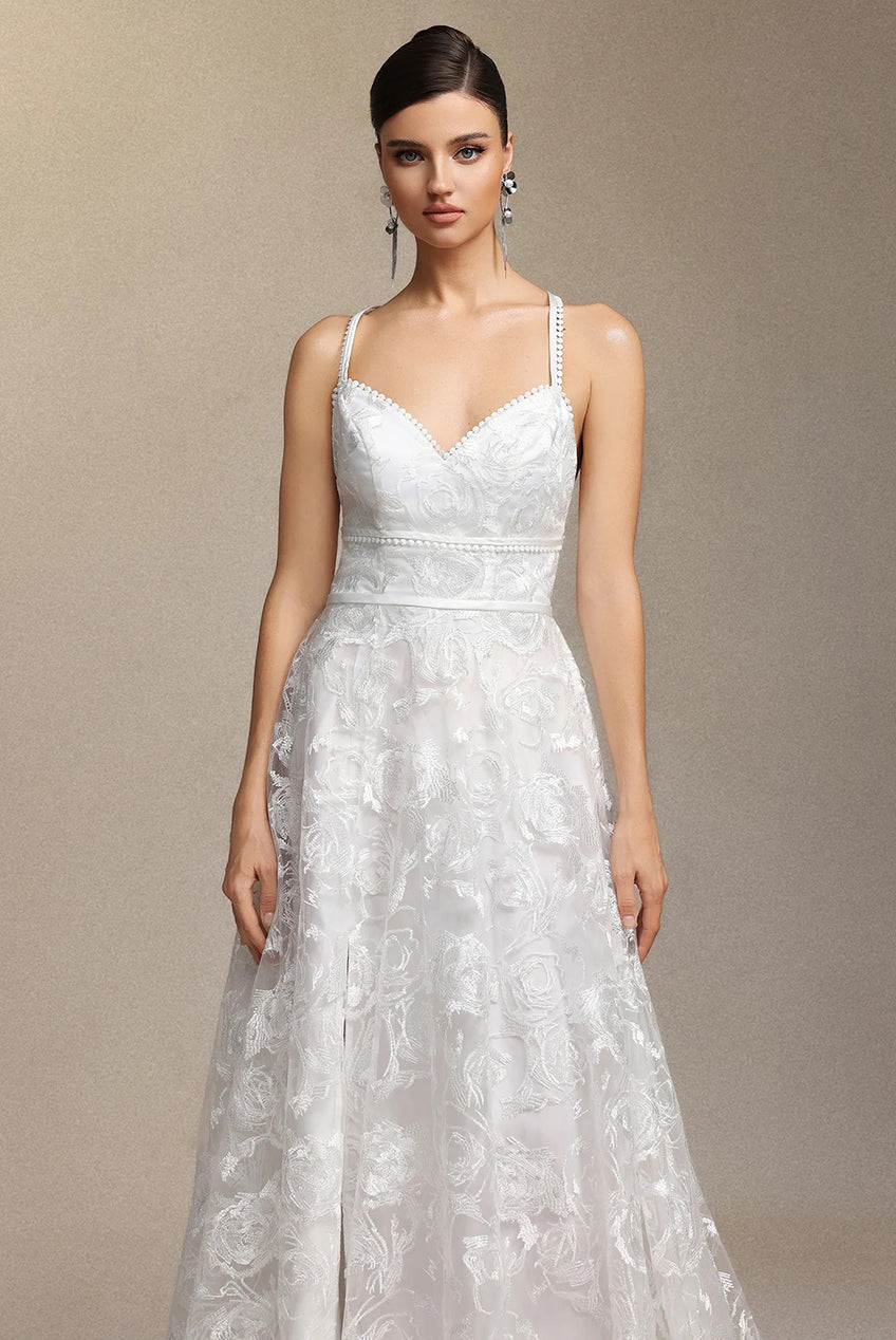 Ralaya Deep V-neck Lace Halter Maxi Wedding Dress W250706322