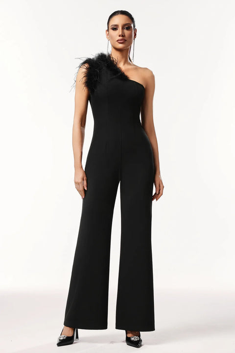 Ueza One Shoulder Sleeveless Feather Maxi Jumpsuit by Bella Barnett