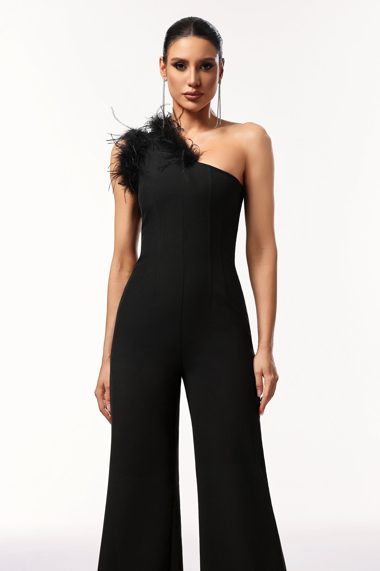 Ueza One Shoulder Sleeveless Feather Maxi Jumpsuit D241203108-Black