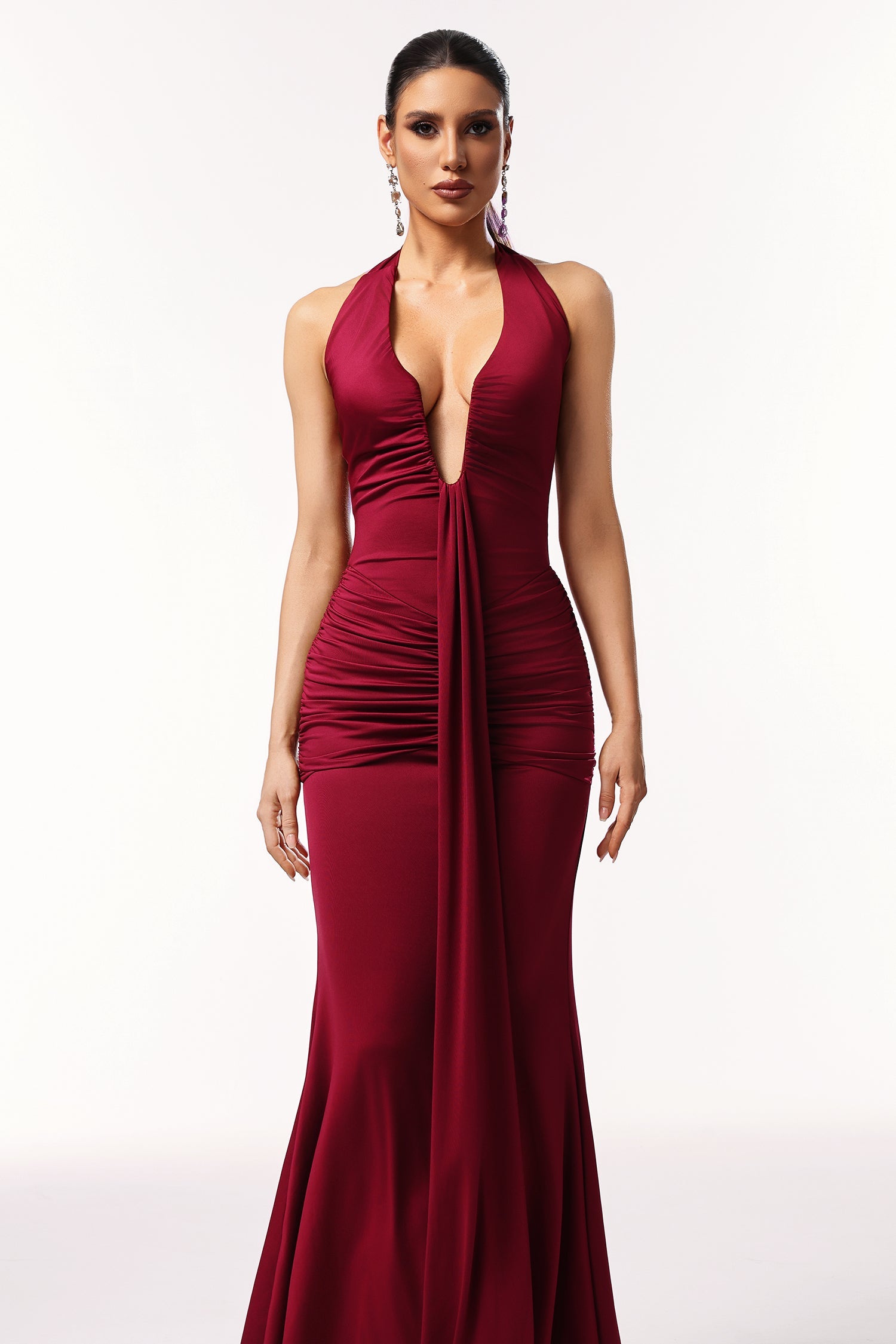 Elsie Halter Sleeveless V-Neck Wrinkles Maxi Dress D250801316