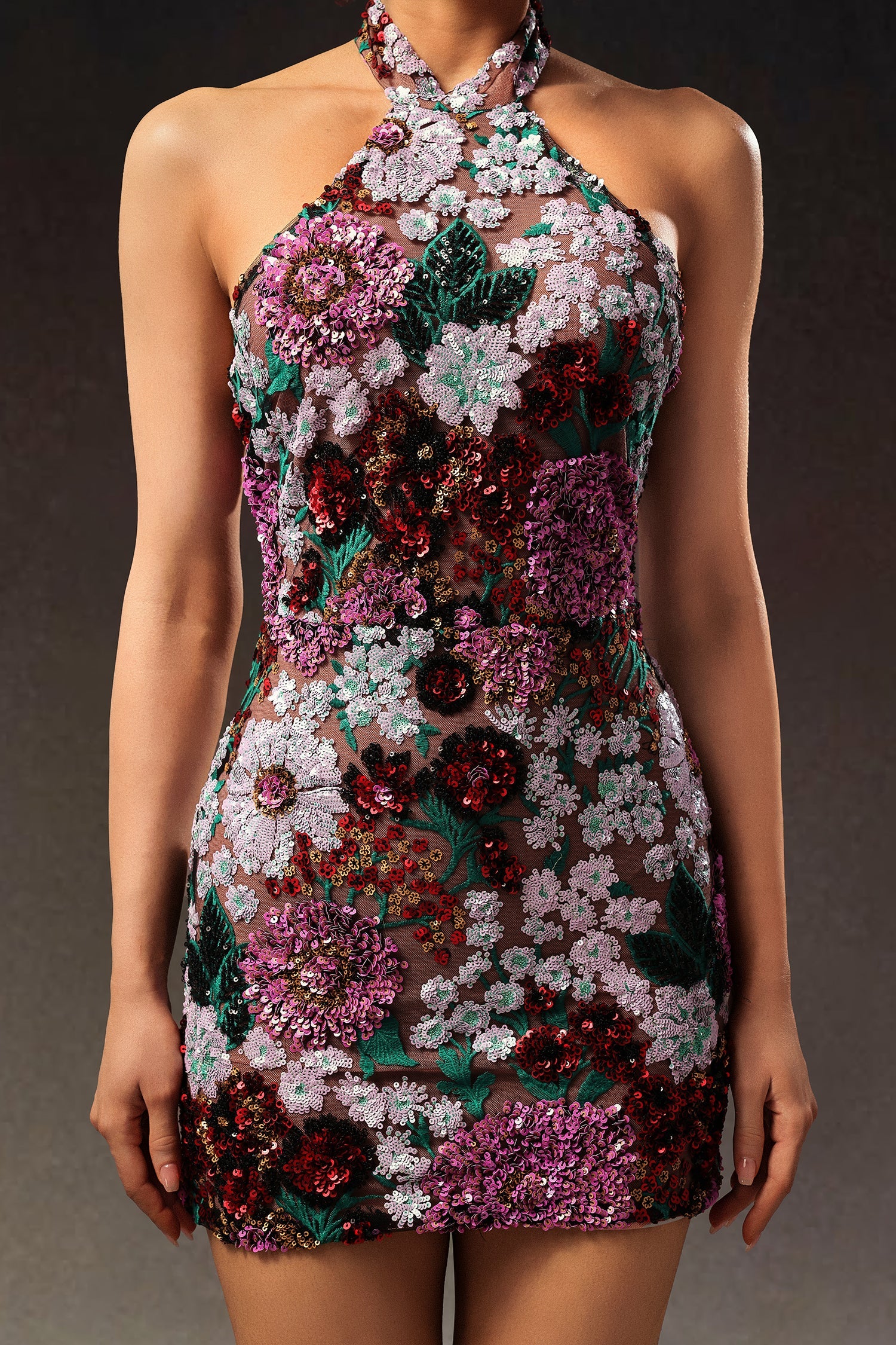 Polasa Halter Sleeveless Sequins Flower Mini Dress D250801342