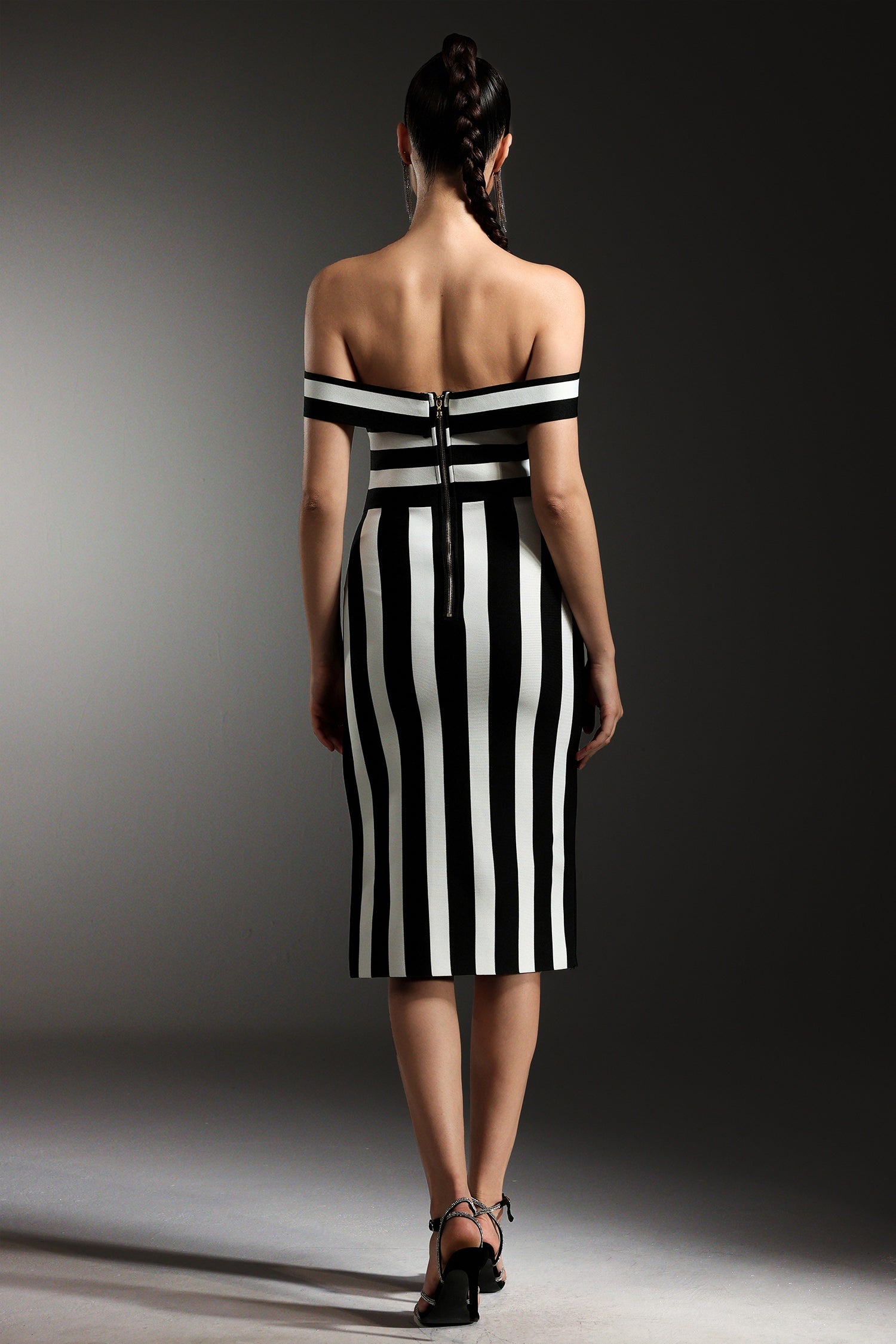 Perly Off The Shoulder Sleeveless Stripes Slit Bandage Midi Dress D250803401-FLORAL