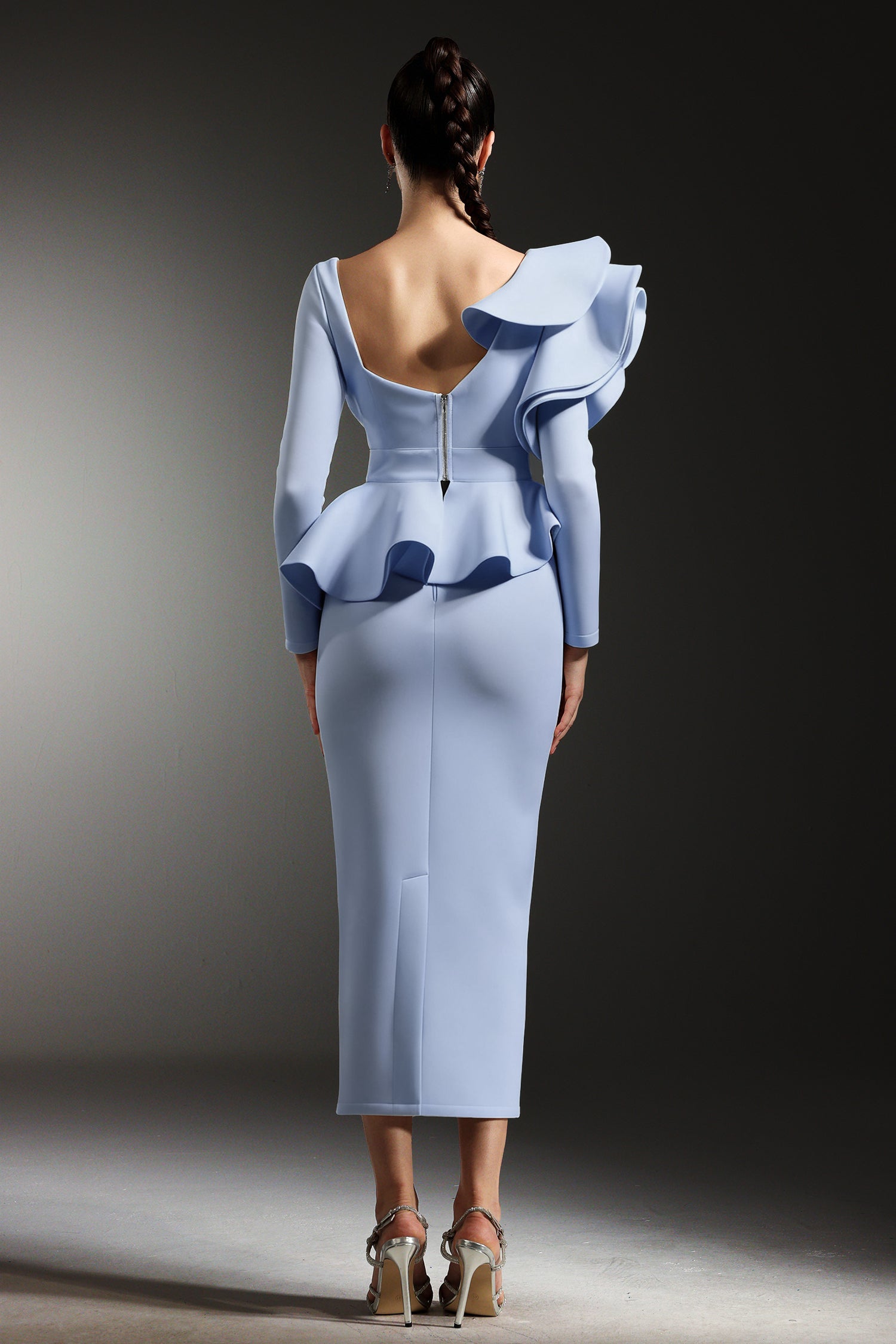 Faray Ruffled Long Sleeves Blue Maxi Dress D250805302