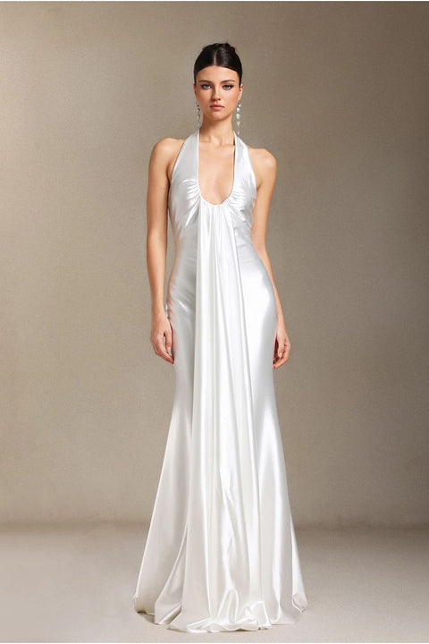 Loretta Hanging Neck Fold Backless Maxi Formal Dress by Skye&Iris