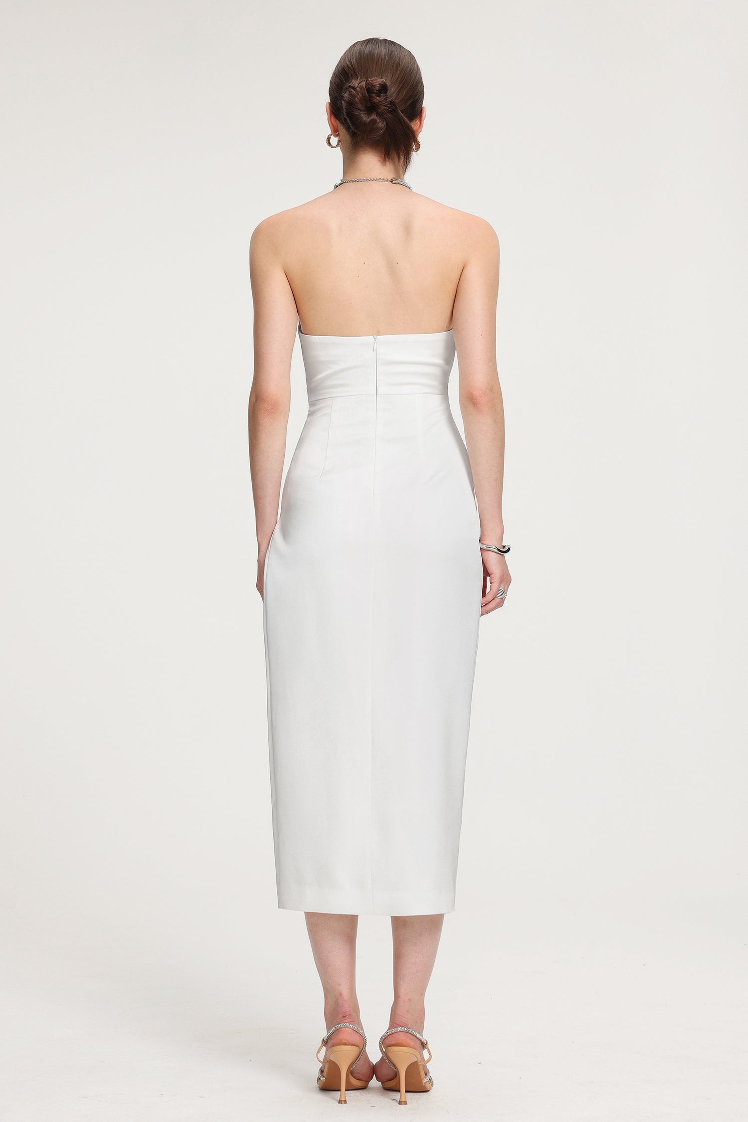 Rhinestone-Strap Ruched Satin Midi Dress R2509MZ004-WHITE