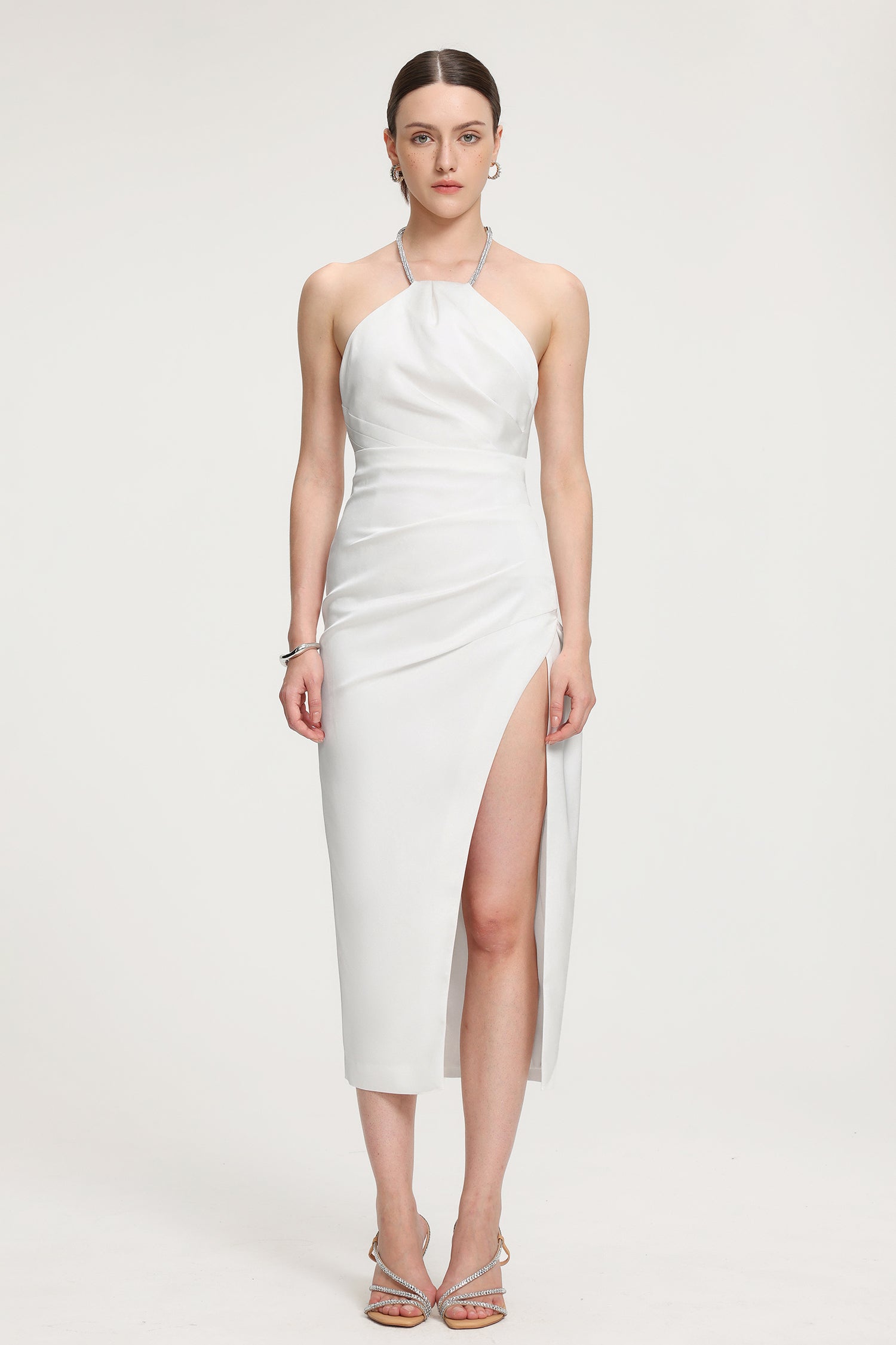 Rhinestone-Strap Ruched Satin Midi Dress R2509MZ004-WHITE