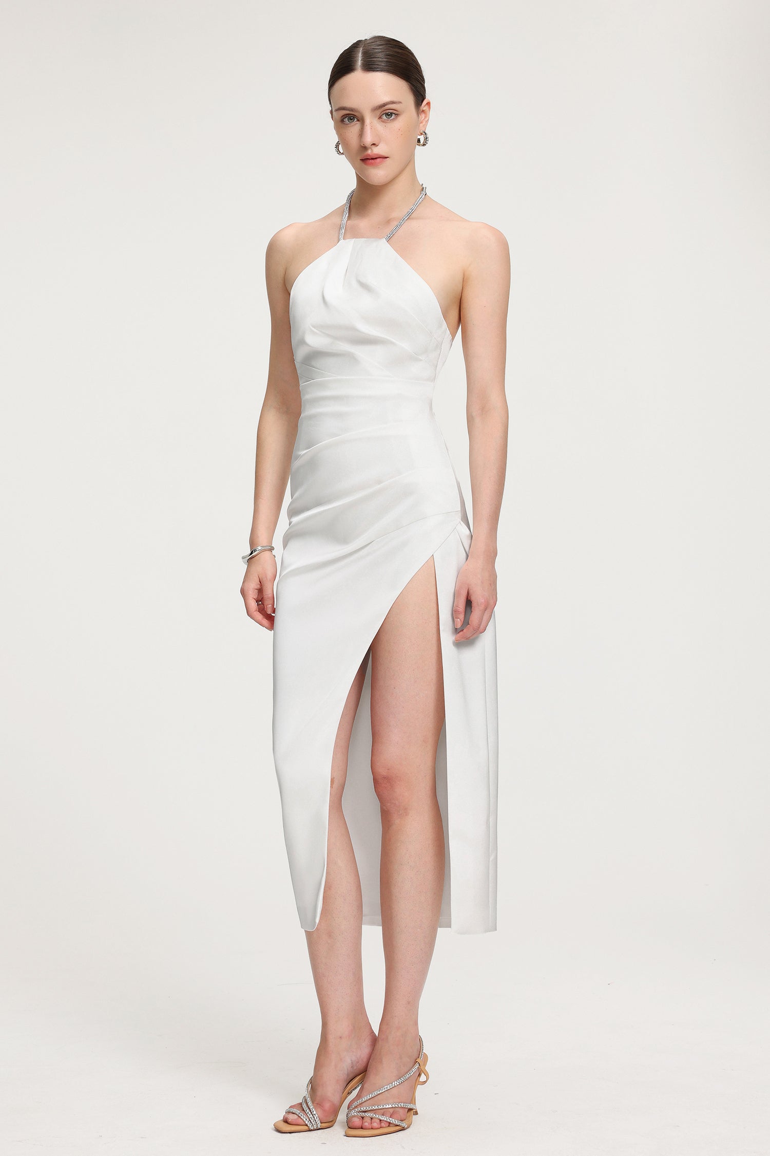 Rhinestone-Strap Ruched Satin Midi Dress R2509MZ004-WHITE