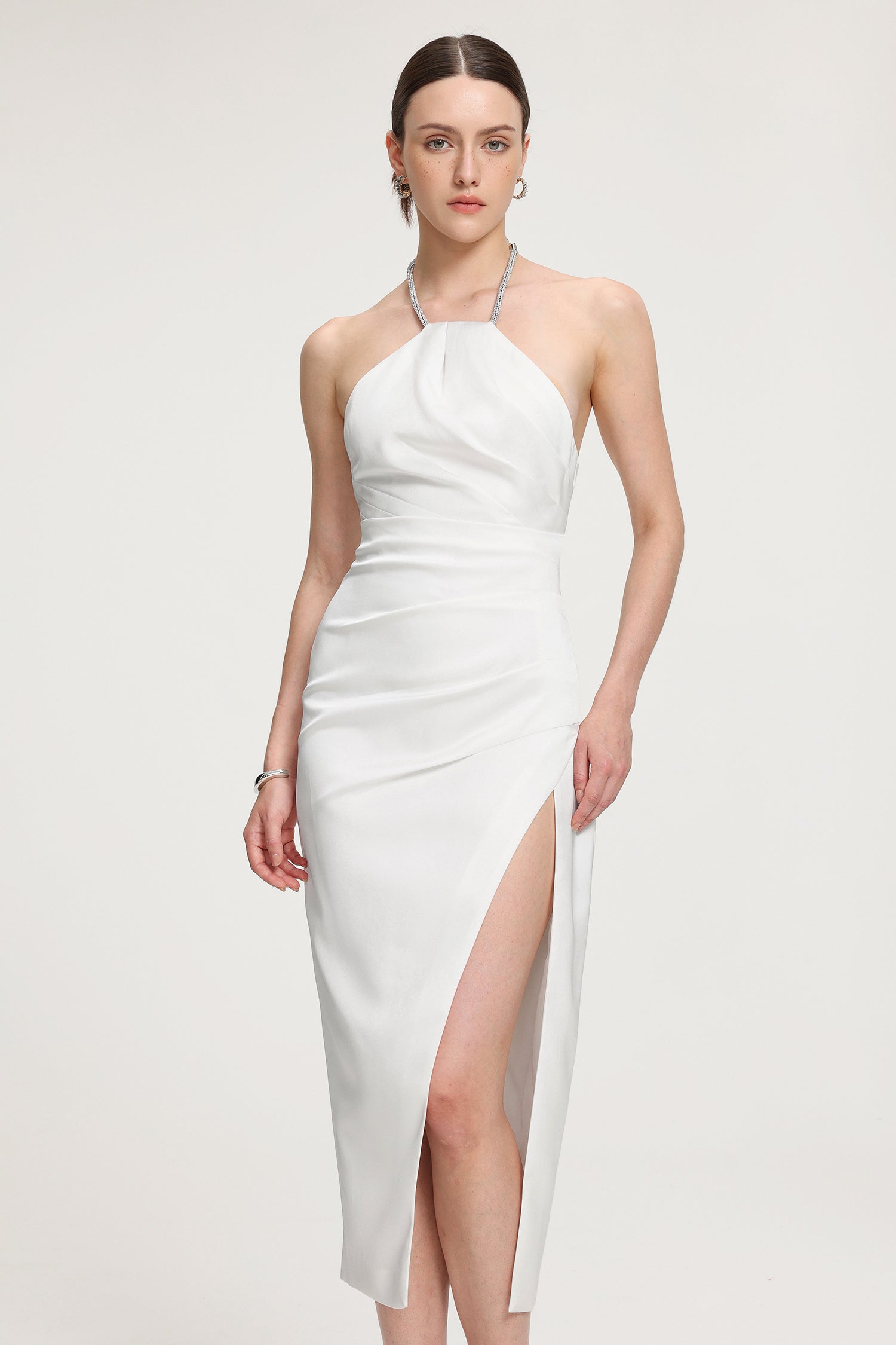 Rhinestone-Strap Ruched Satin Midi Dress R2509MZ004-WHITE
