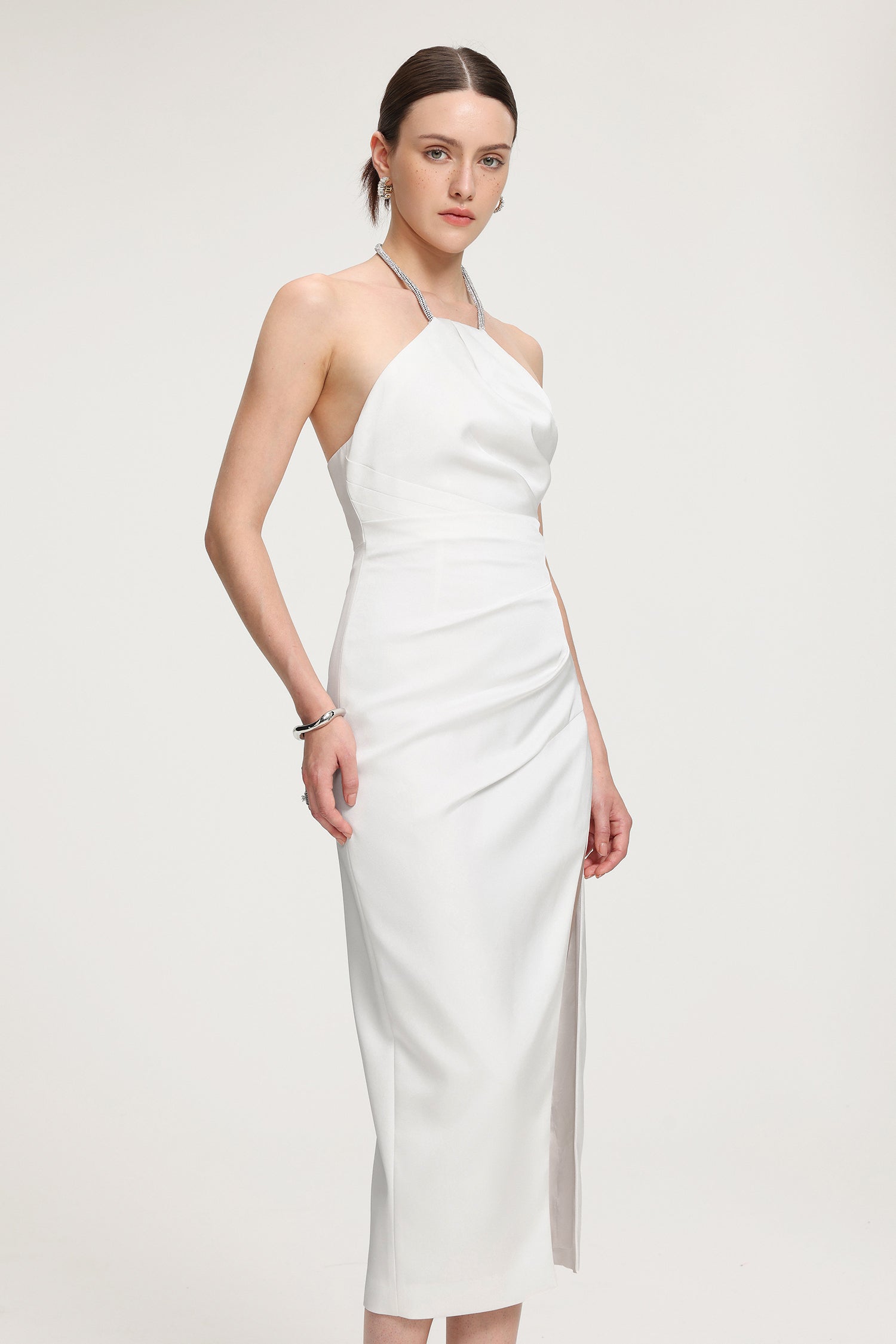 Rhinestone-Strap Ruched Satin Midi Dress R2509MZ004-WHITE