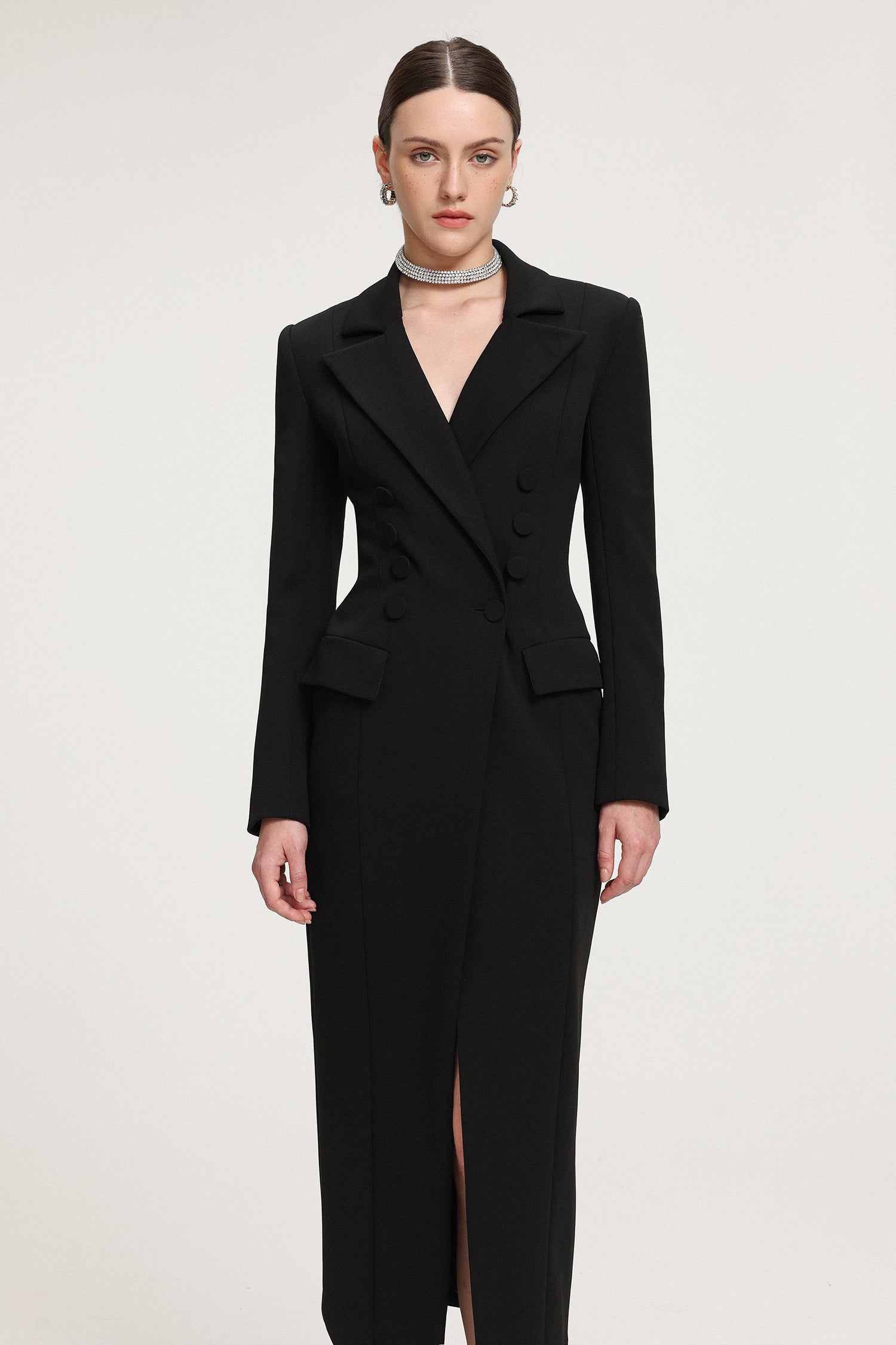 Double-Breasted Asymmetric Hem Crepe Maxi Coat R2509DT052