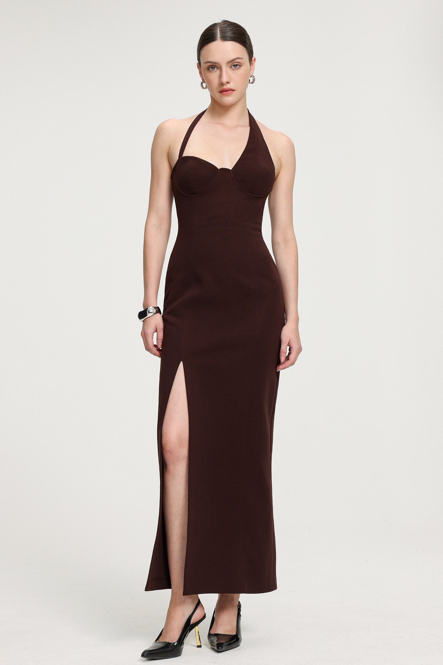 Halter Neck Slit Crepe Maxi Dress R2509DT058