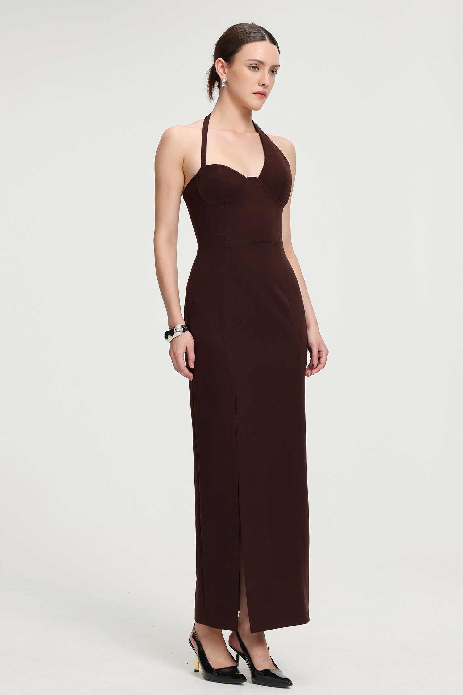 Halter Neck Slit Crepe Maxi Dress R2509DT058