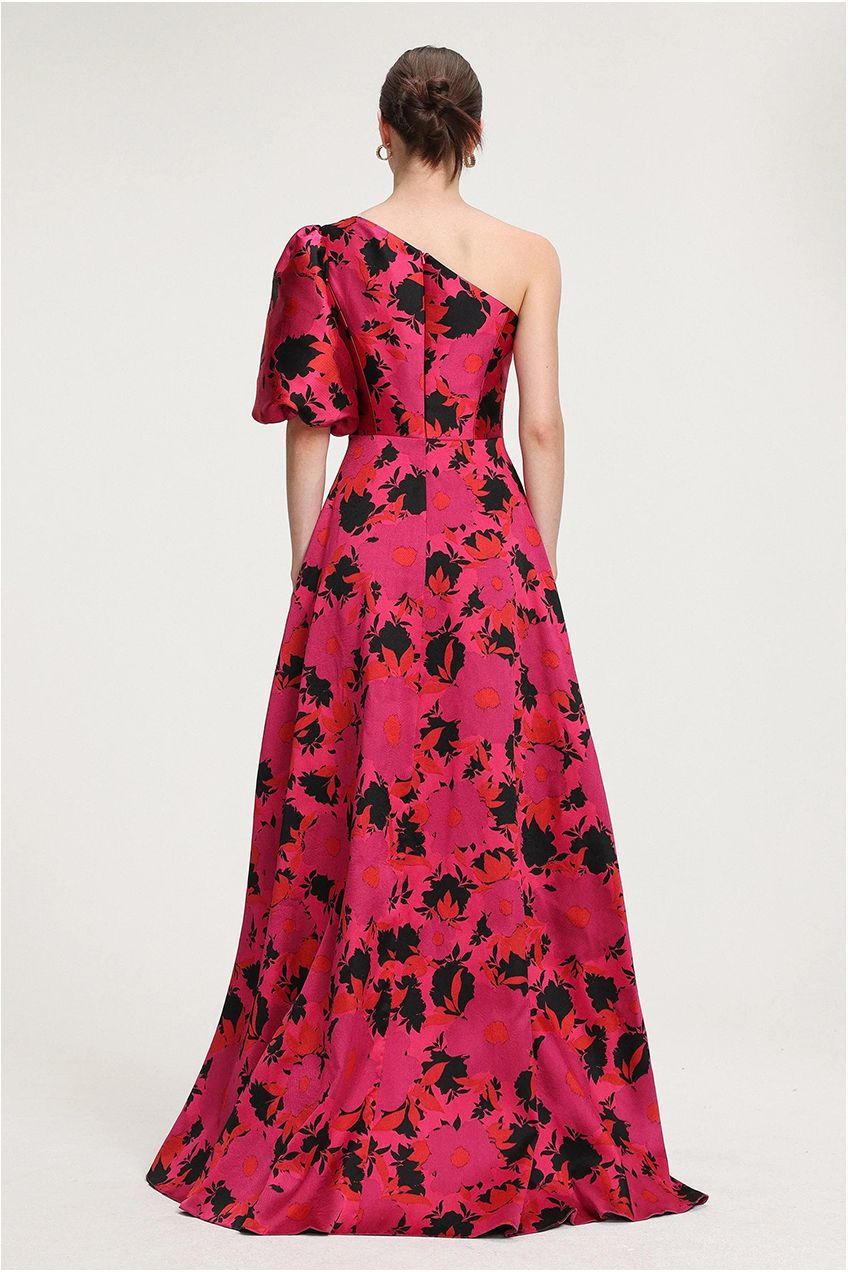 Floral Printed One Shoulder Satin Maxi Dress R2509TJ069