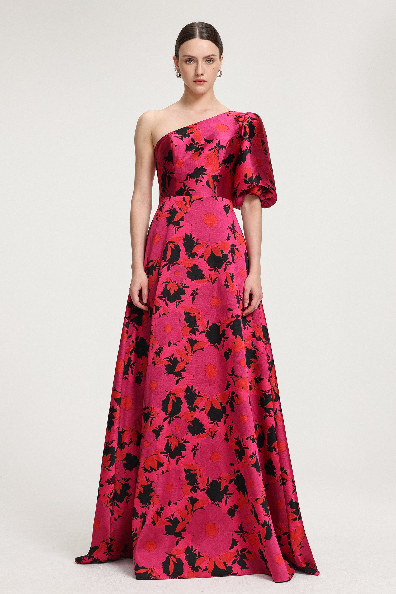 Floral Printed One Shoulder Satin Maxi Dress R2509TJ069