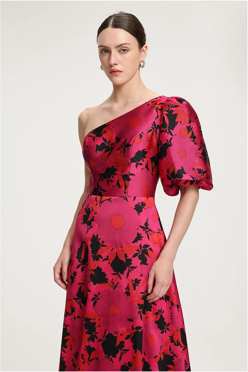 Floral Printed One Shoulder Satin Maxi Dress R2509TJ069