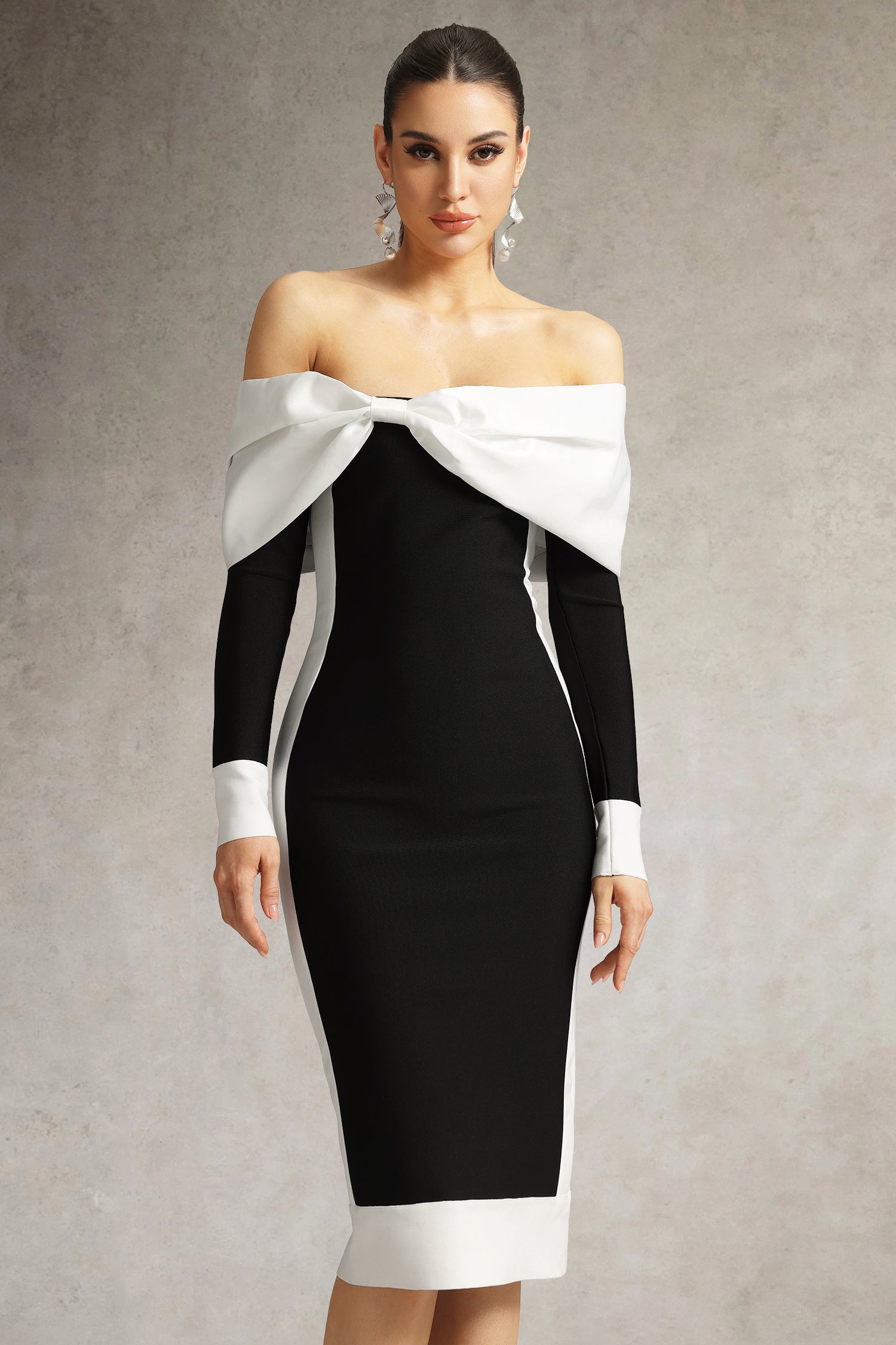 Oria Off Shoulder Bow Bandage Midi Dress D250805405-Black