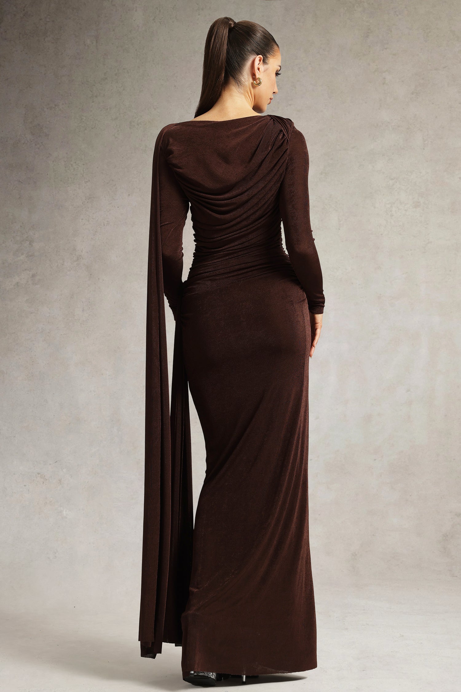 Tihila Long Sleeve Ruched Brown Maxi Dress D250901545