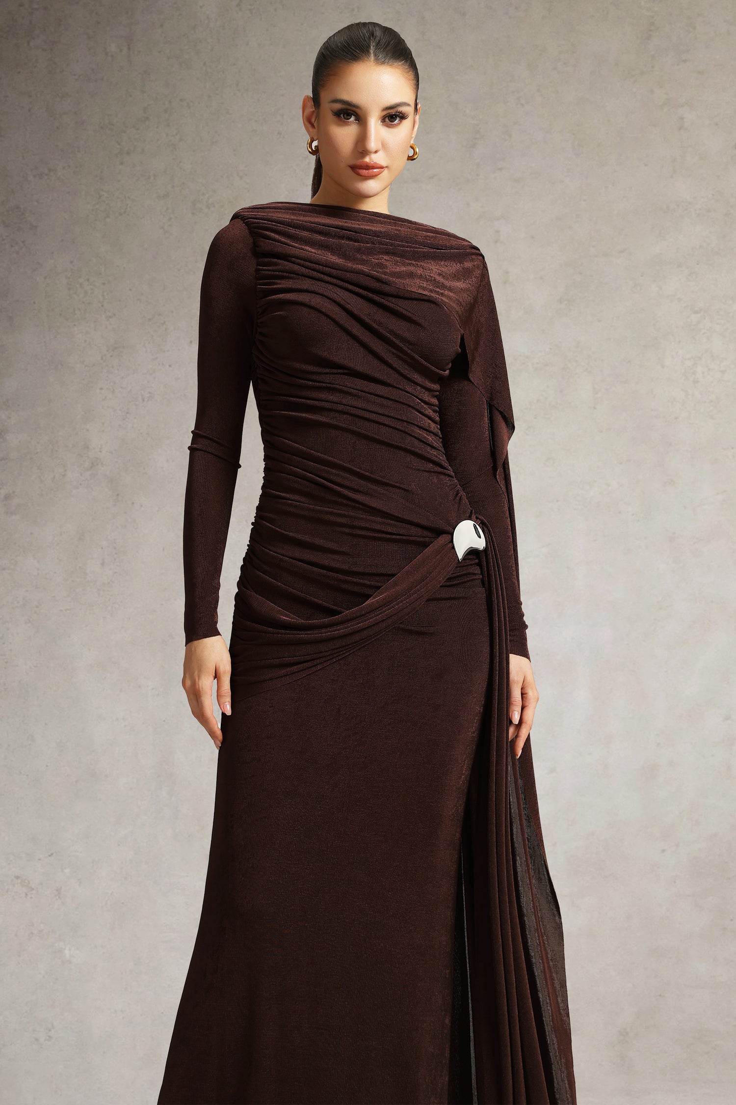 Tihila Long Sleeve Ruched Brown Maxi Dress D250901545