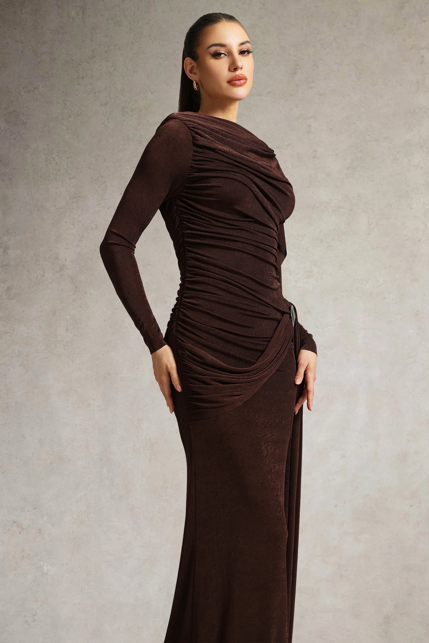 Tihila Long Sleeve Ruched Brown Maxi Dress D250901545