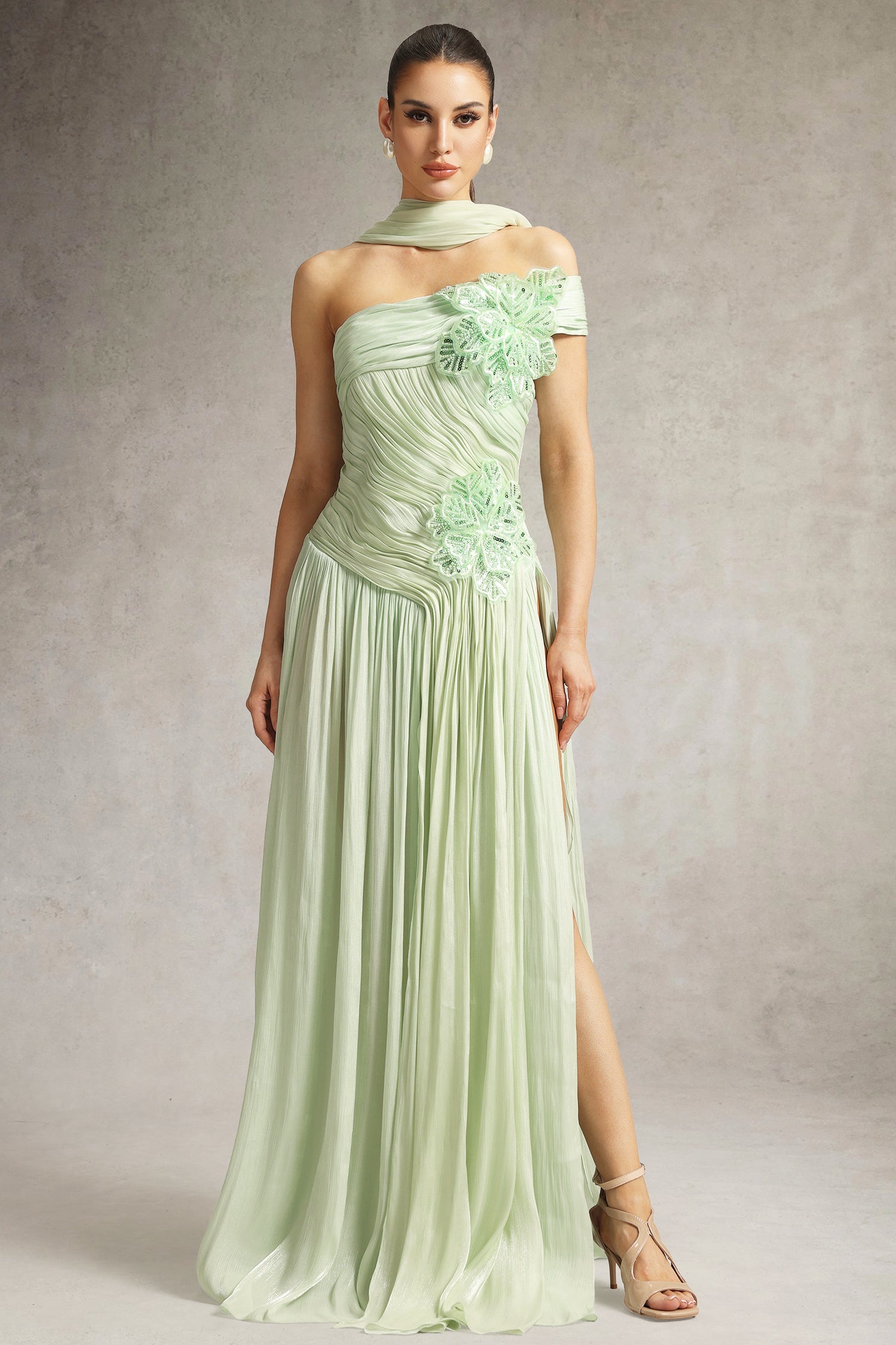 Mellies One Shoulder Floral Ruched High Slit Maxi Dress D250803101