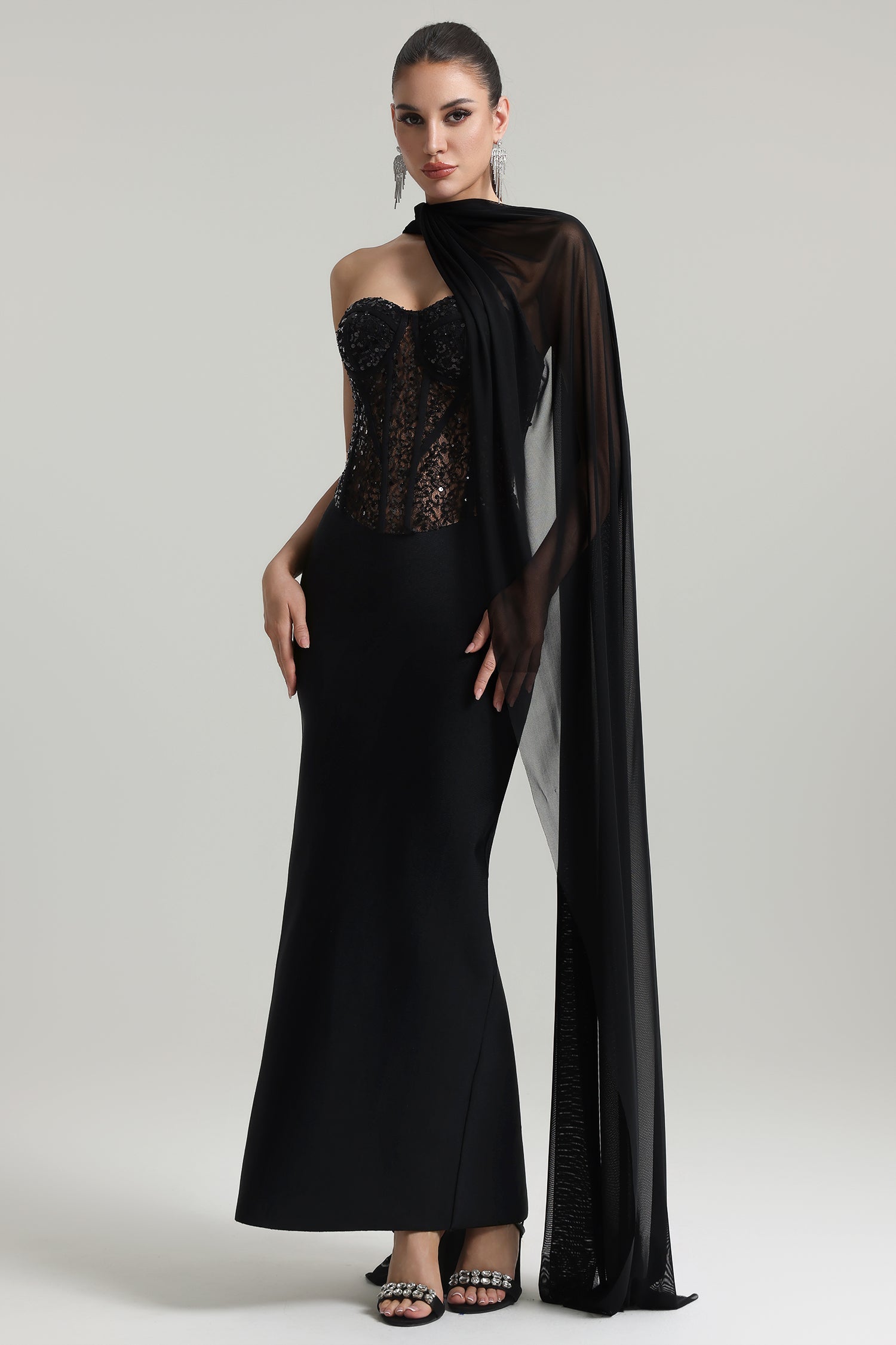 Dodou Strapless Cape Sequin Bandage Maxi Dress D250903202