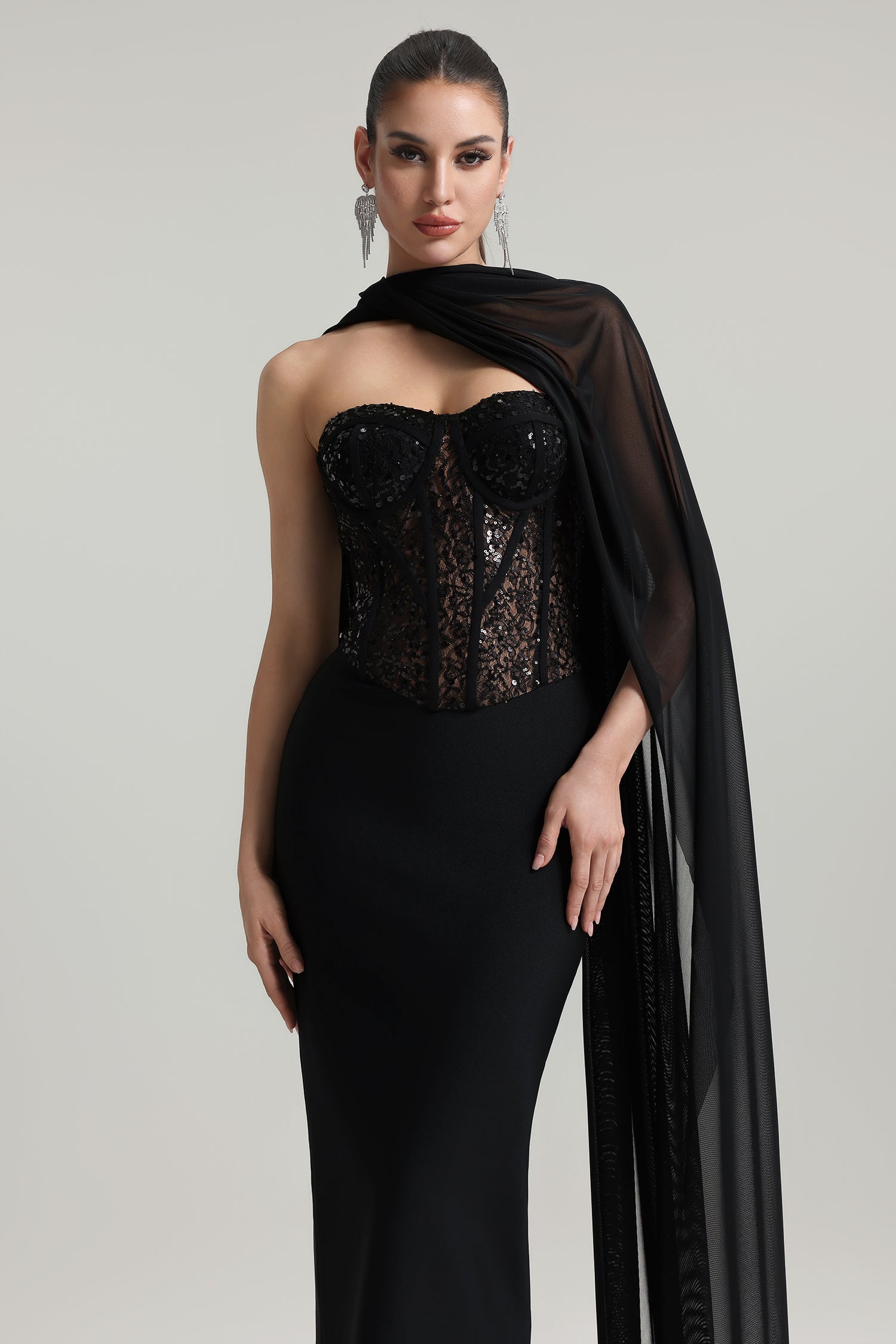 Dodou Strapless Cape Sequin Bandage Maxi Dress D250903202