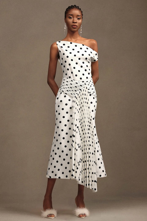 Hutuny Polka Dot One Shoulder Fold Maxi Dress by Bella Barnett