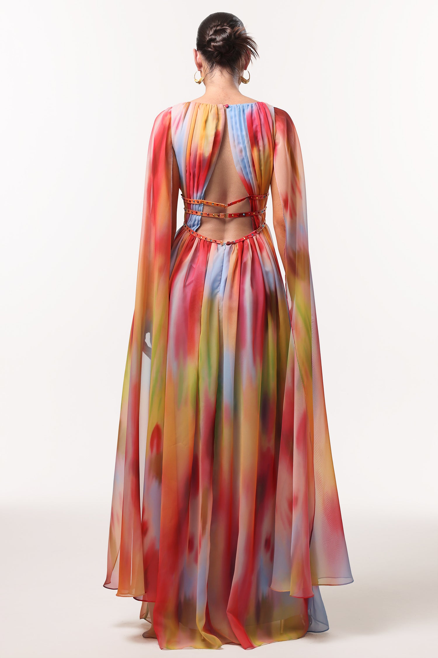 Zelda Sexy Flowy V Neck Cape Sleeve Abstract Print Maxi Dress D250905301-Floral