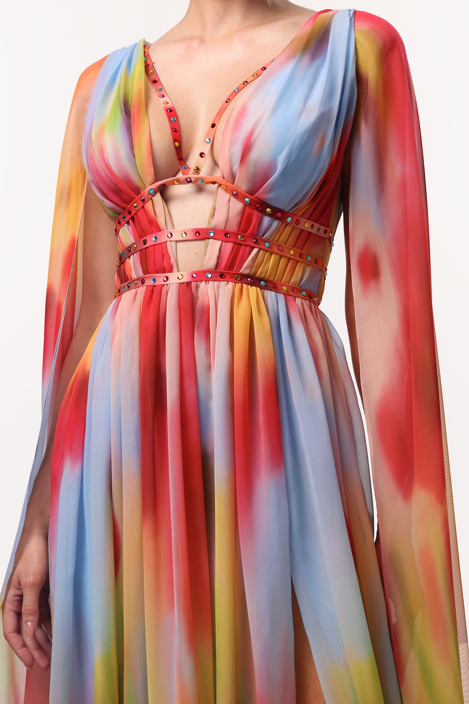 Zelda Sexy Flowy V Neck Cape Sleeve Abstract Print Maxi Dress D250905301-FLORAL