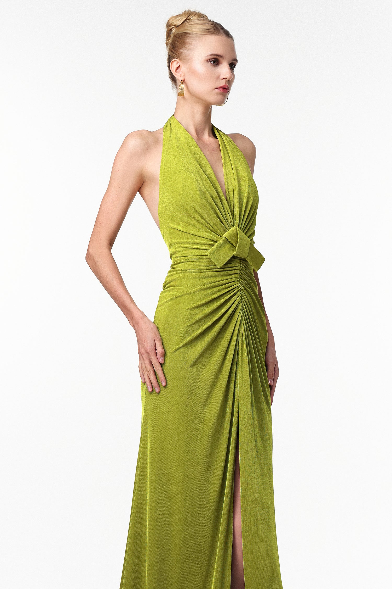 Jalila Sexy Contour V Neck Ruched Knot Slit Knit Maxi Dress D250904202
